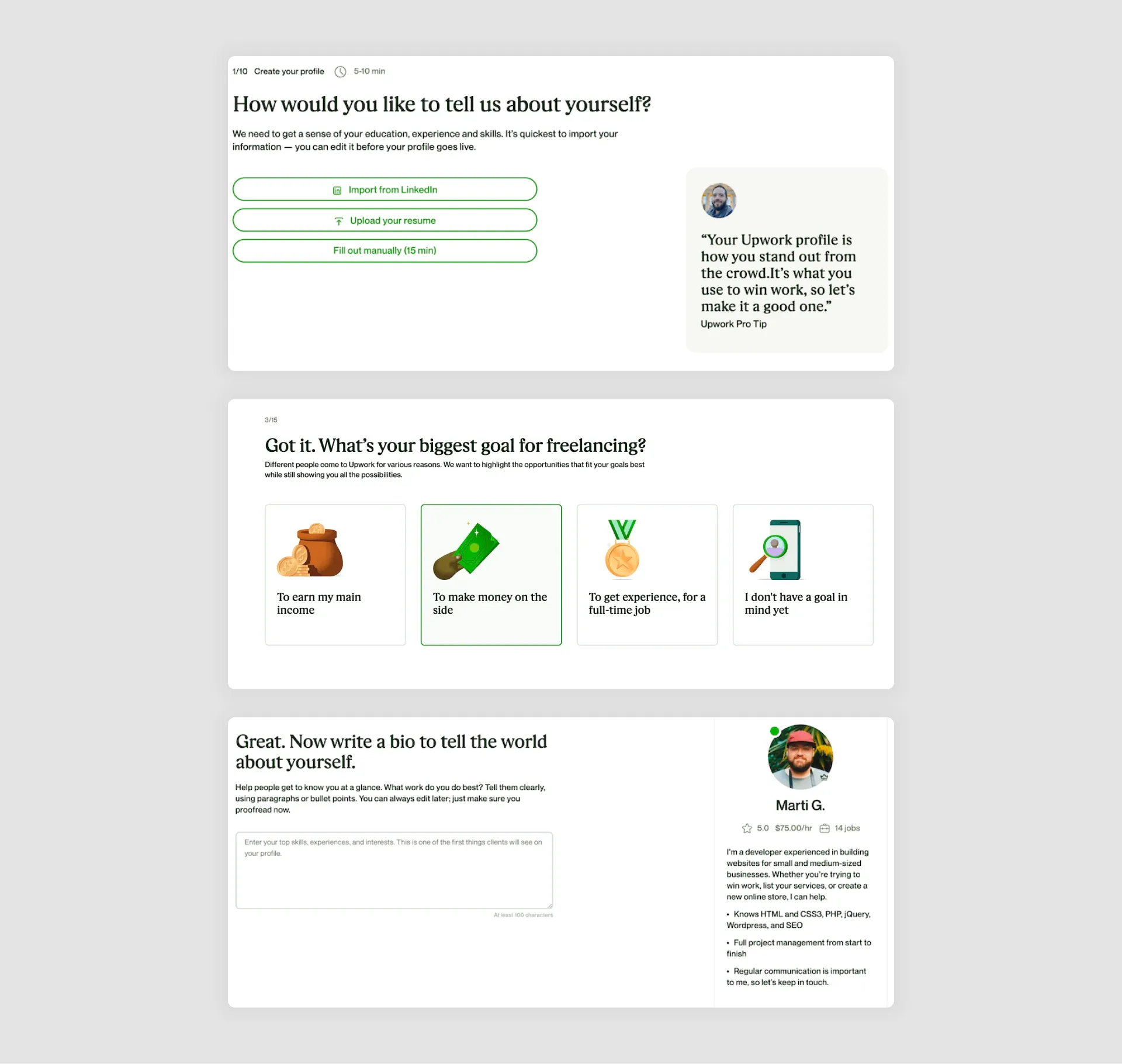 An image of Upwork's onboarding wizard, showcasing a step-by-step process for freelancers to create detailed profiles