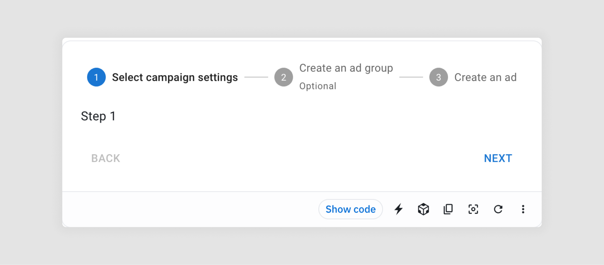 Horizontal steppers at the top of the page showcase three to five steps in a process with minimal data input