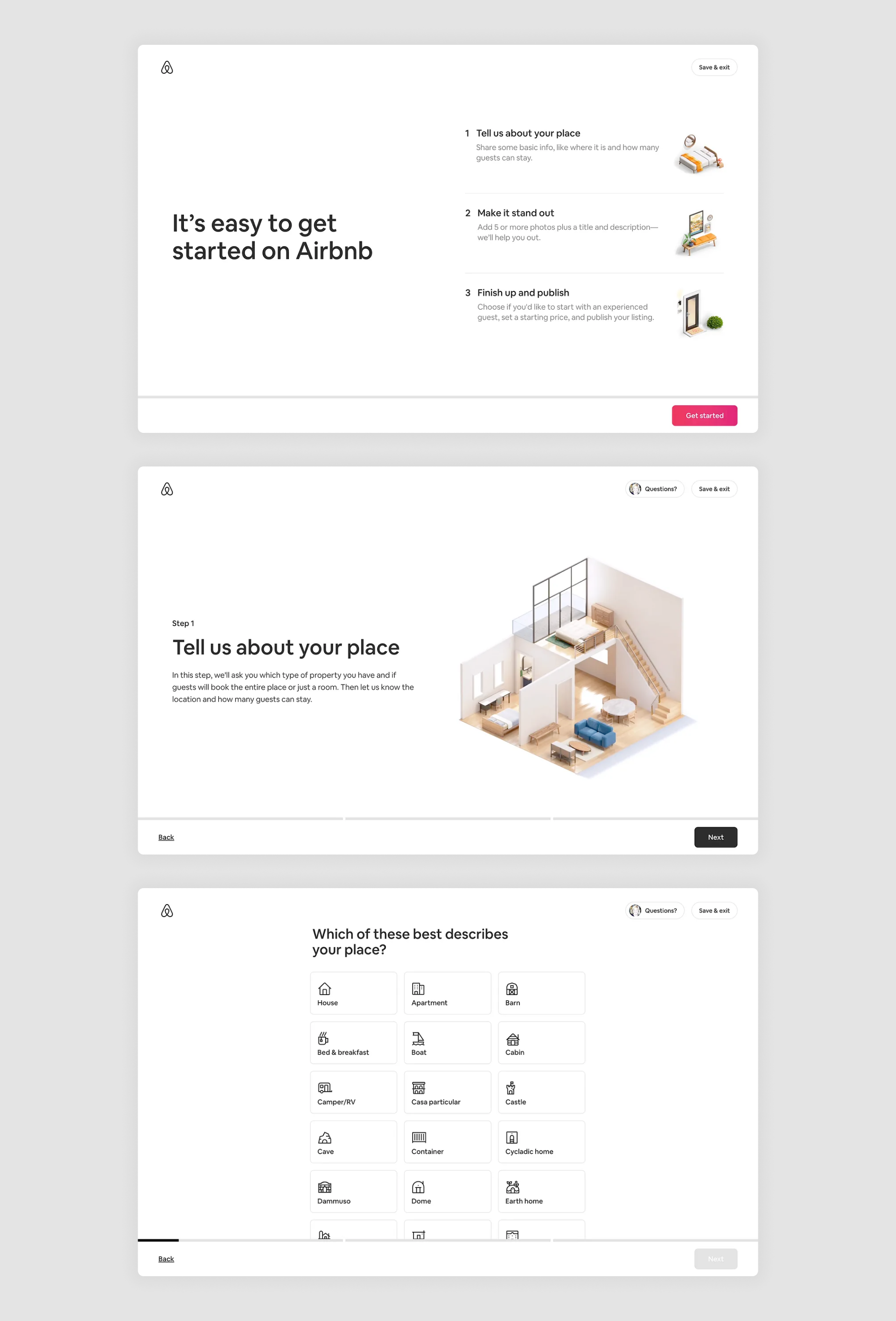 An illustration of Airbnb’s onboarding process for new hosts, showcasing a user-friendly wizard UI