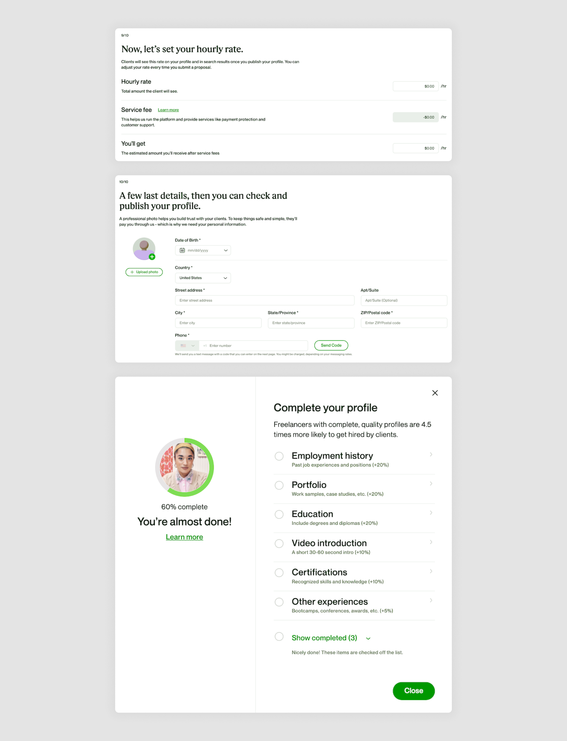 One more image of Upwork's onboarding wizard