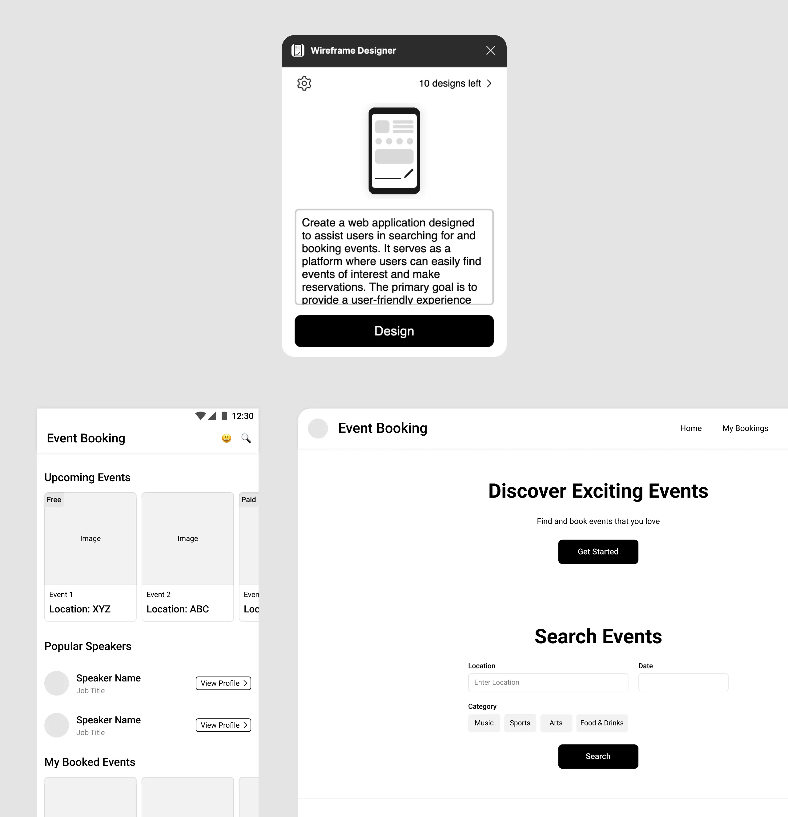 Wireframe designer Figma plugin prompt example for creating event booking app
