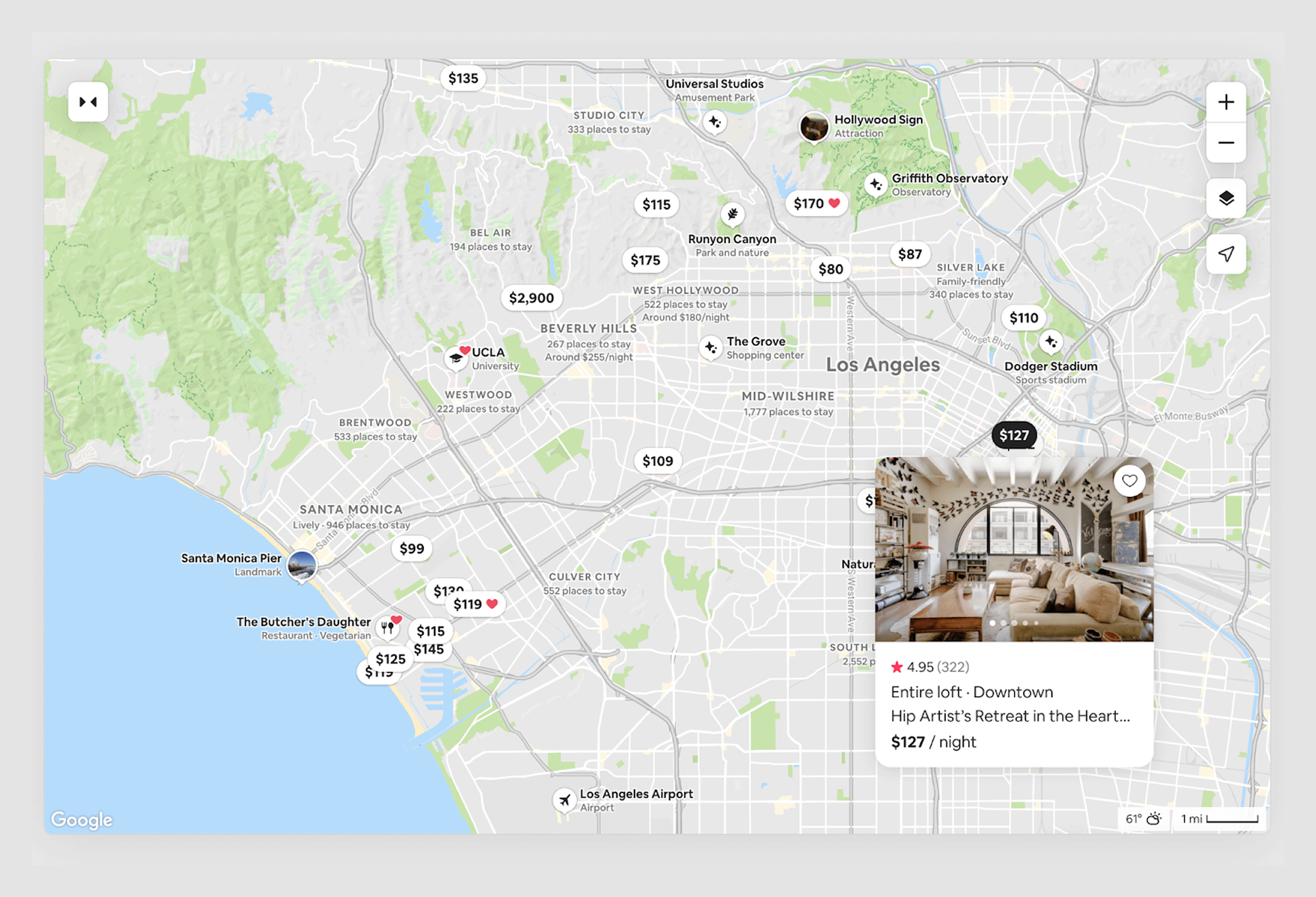 Example of Airbnb's updated map with listings, points of interest, neighborhoods, and popover card