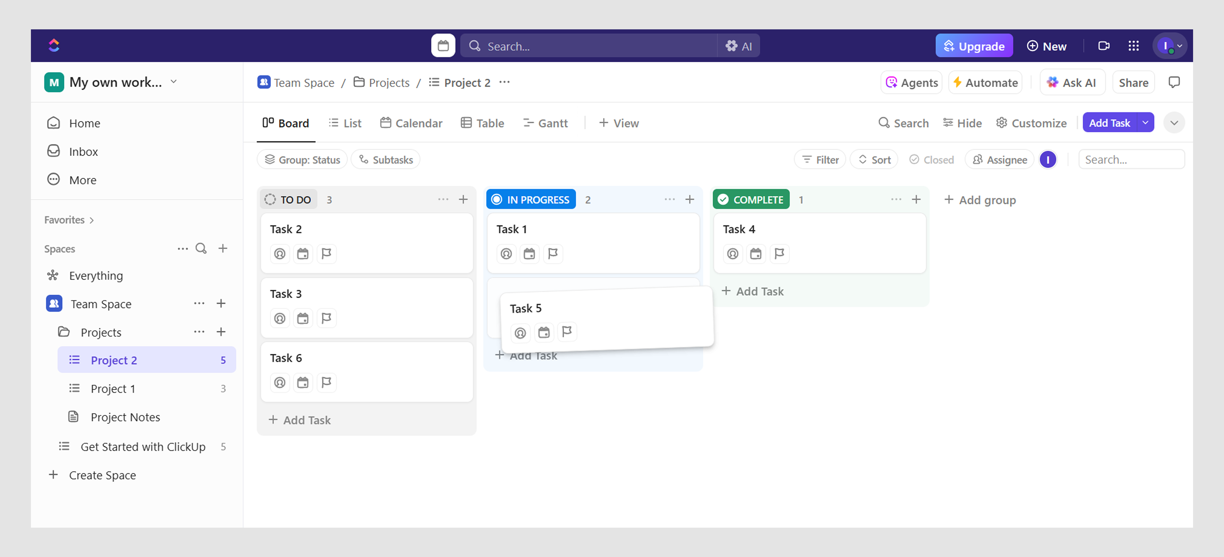 ClickUp drag and drop UI functionality