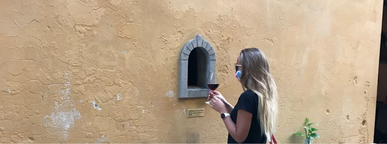 Woman with the glass of wine standing near the wall