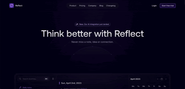 Reflect b2b site design example with dark theme