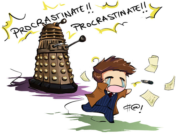 Fan art with Daleks from Doctor Who saying "Procrastinate!"