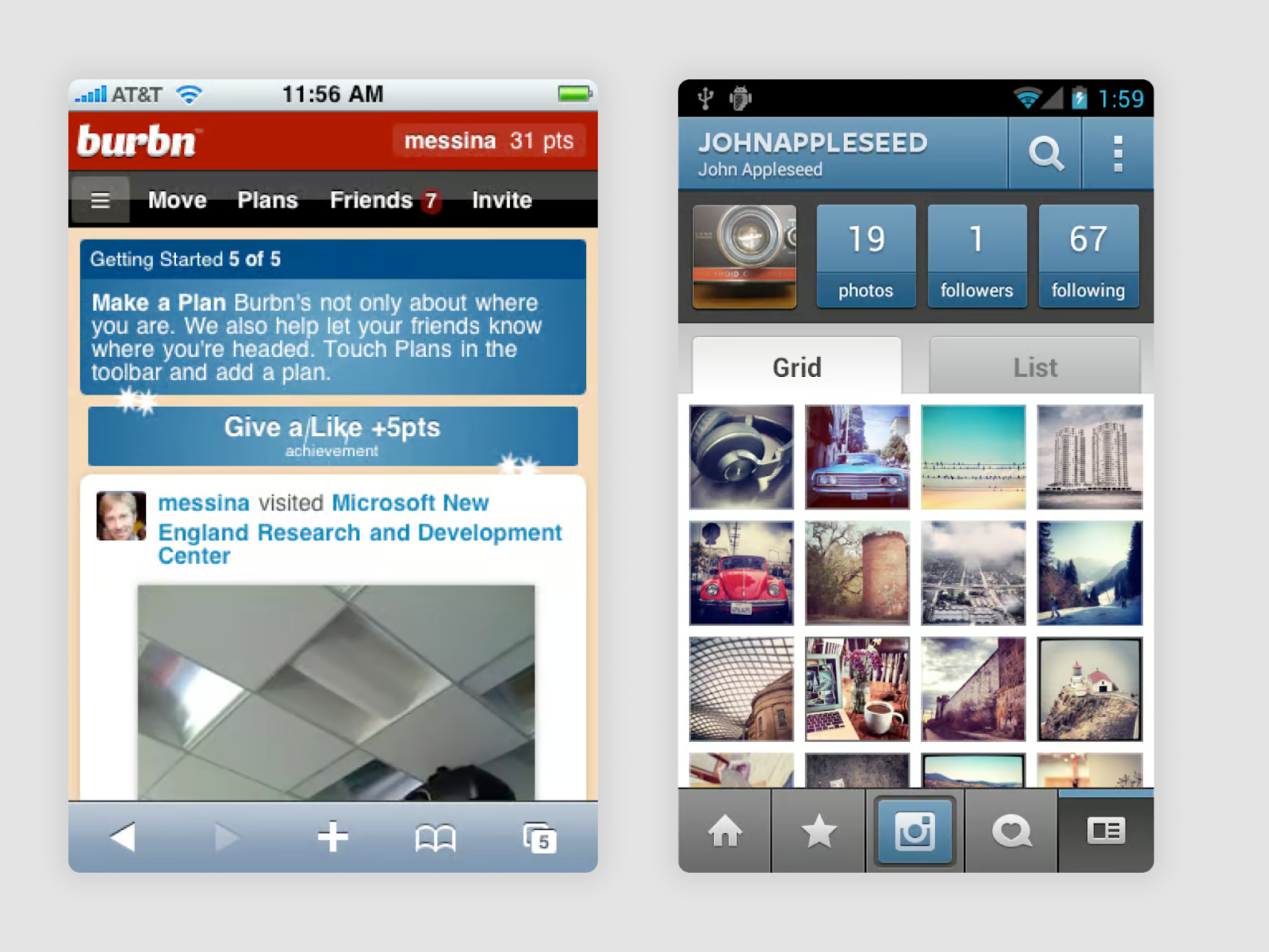 Burbn app vs early Instagram screenshots