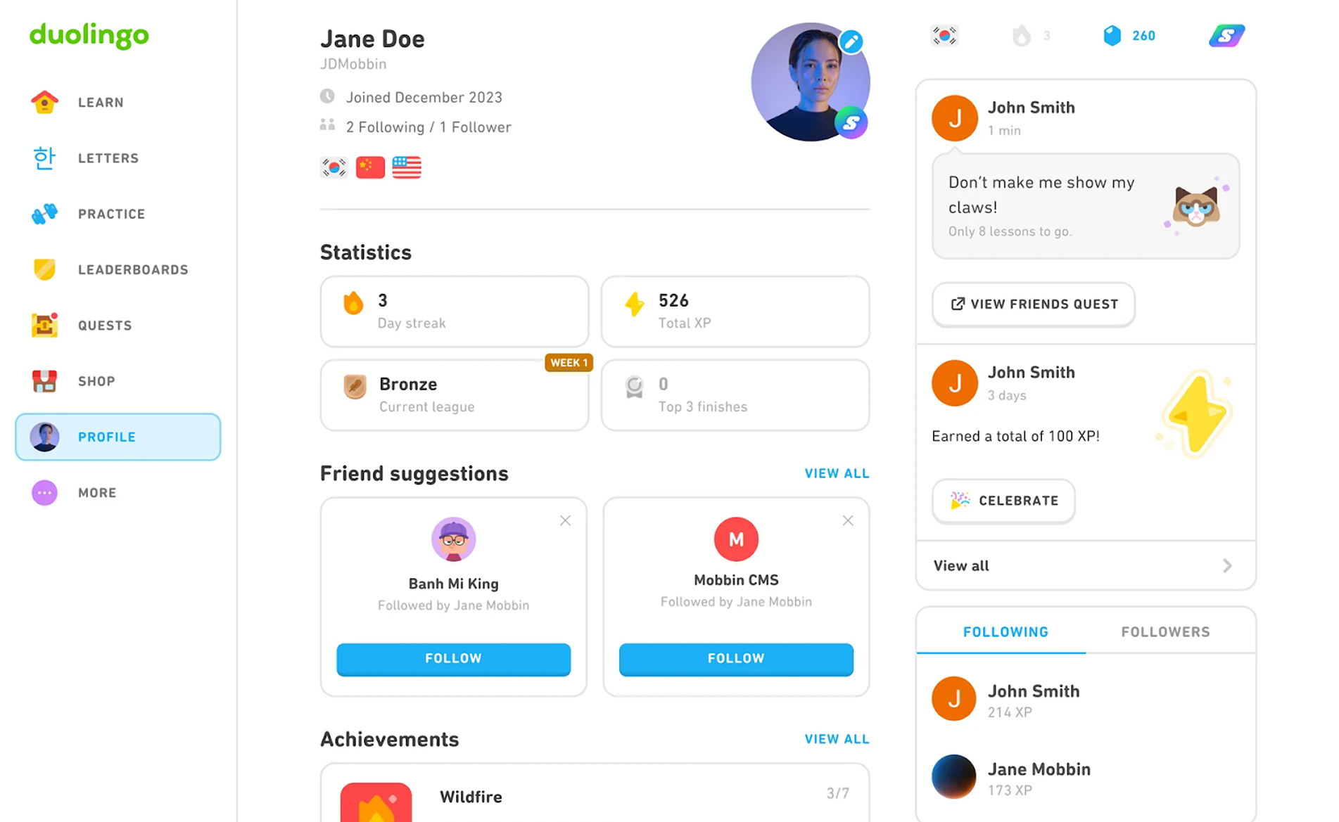 duolingo user profile page