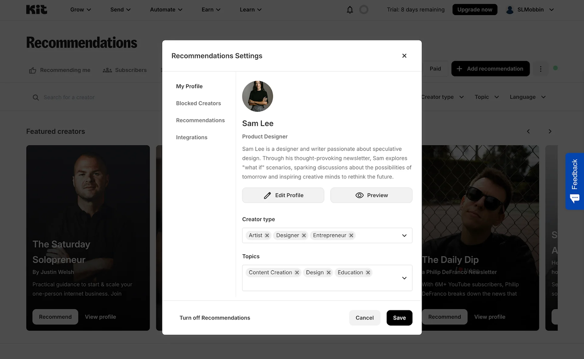 profile page settings