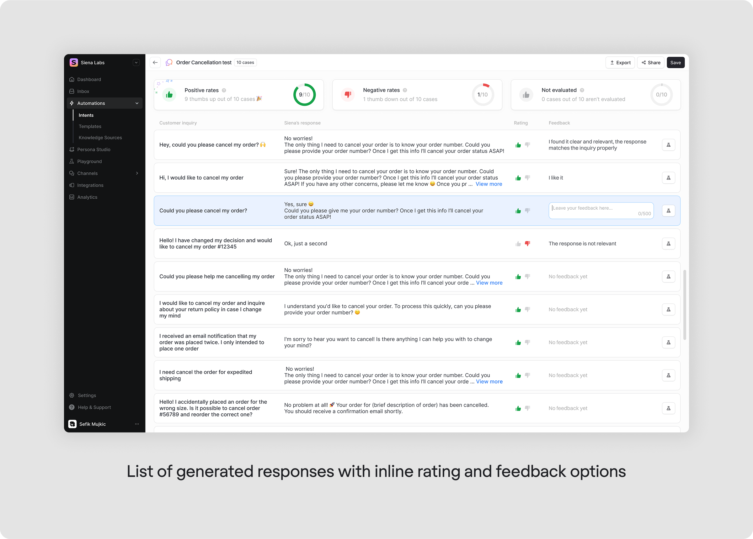 List of generated responses in Siena Labs
