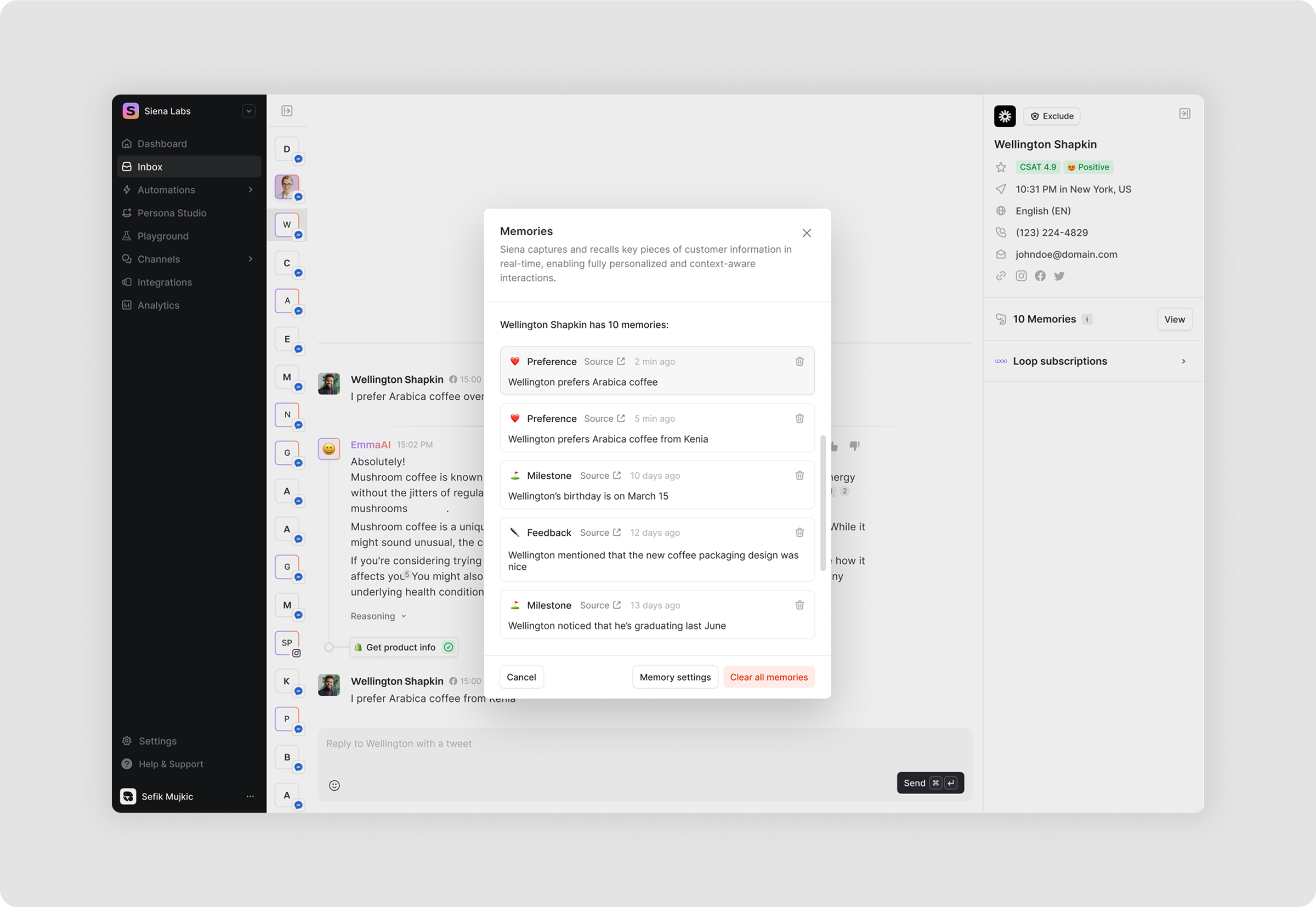 Inbox in Siena Labs