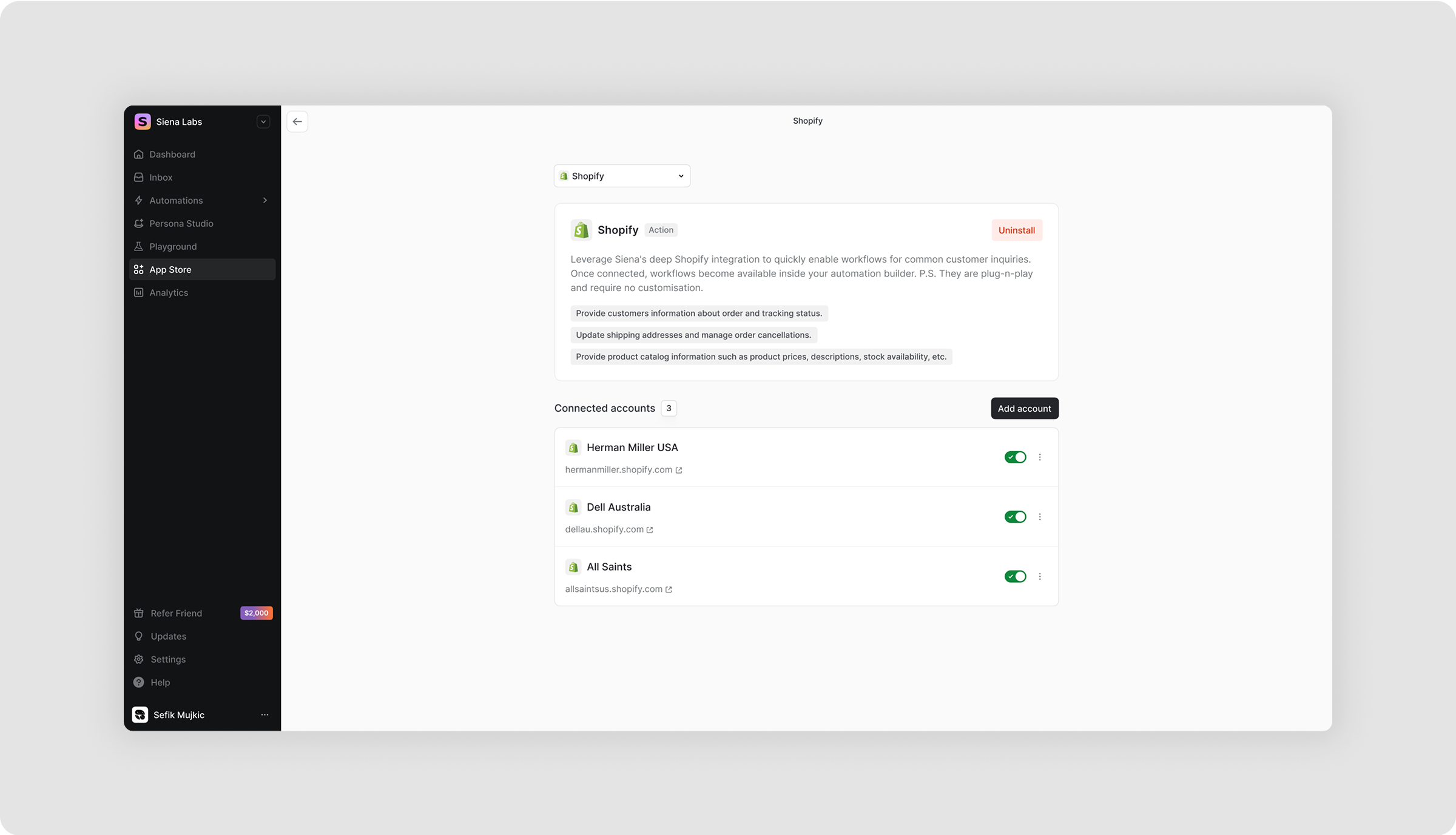 Shopify app in Siena Labs