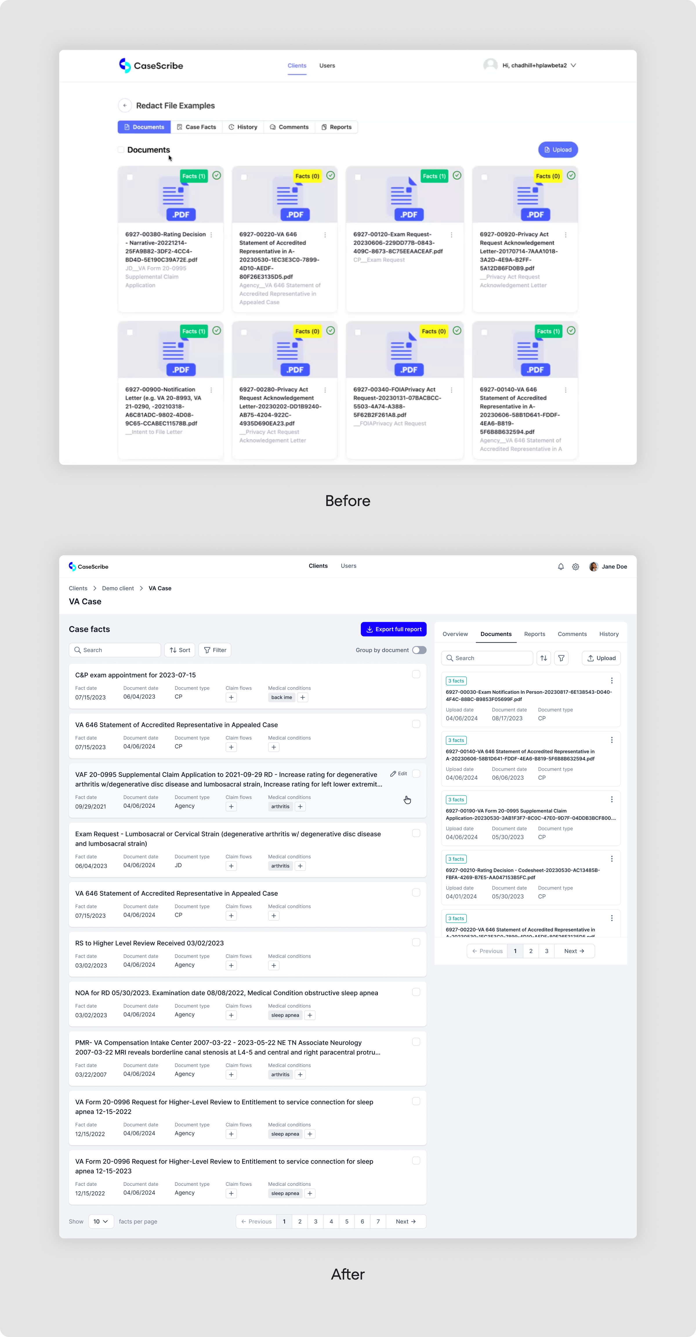 Before and After the redesign CaseScribe