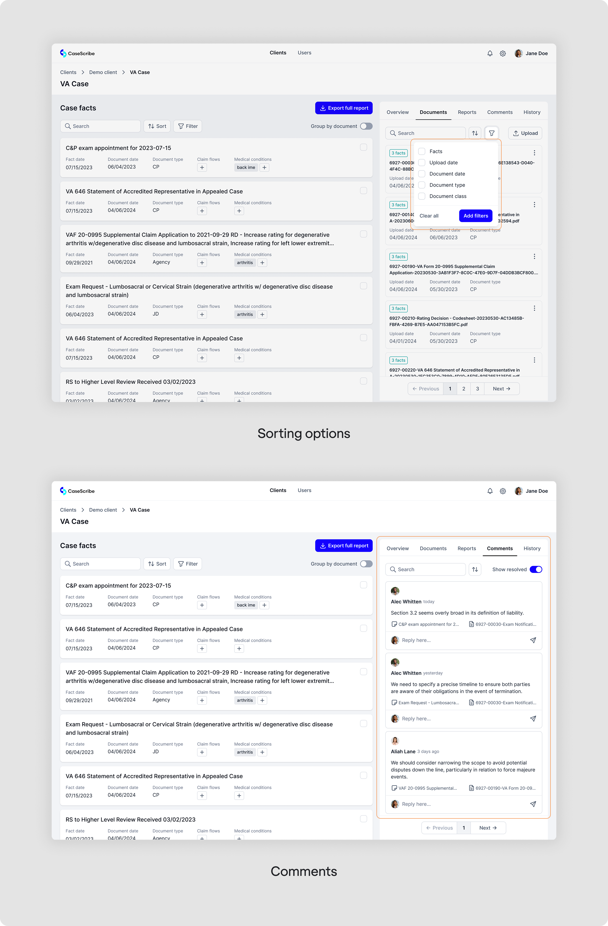 Sorting options and Comments sections in CaseScribe