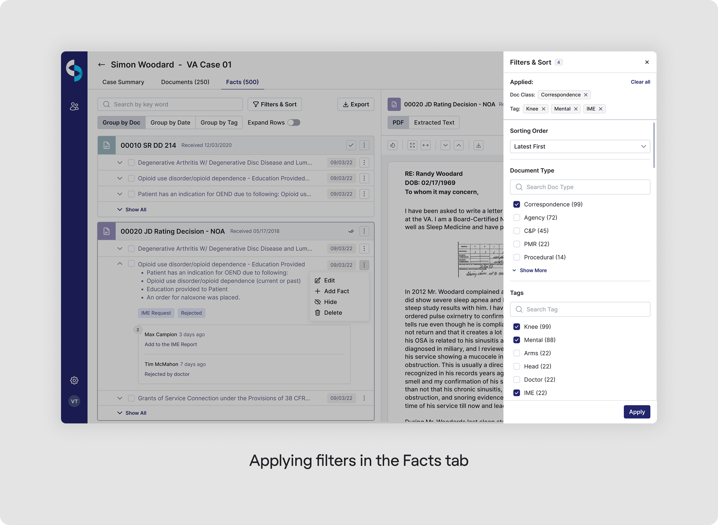 Filters in the Facts tab in CaseScribe
