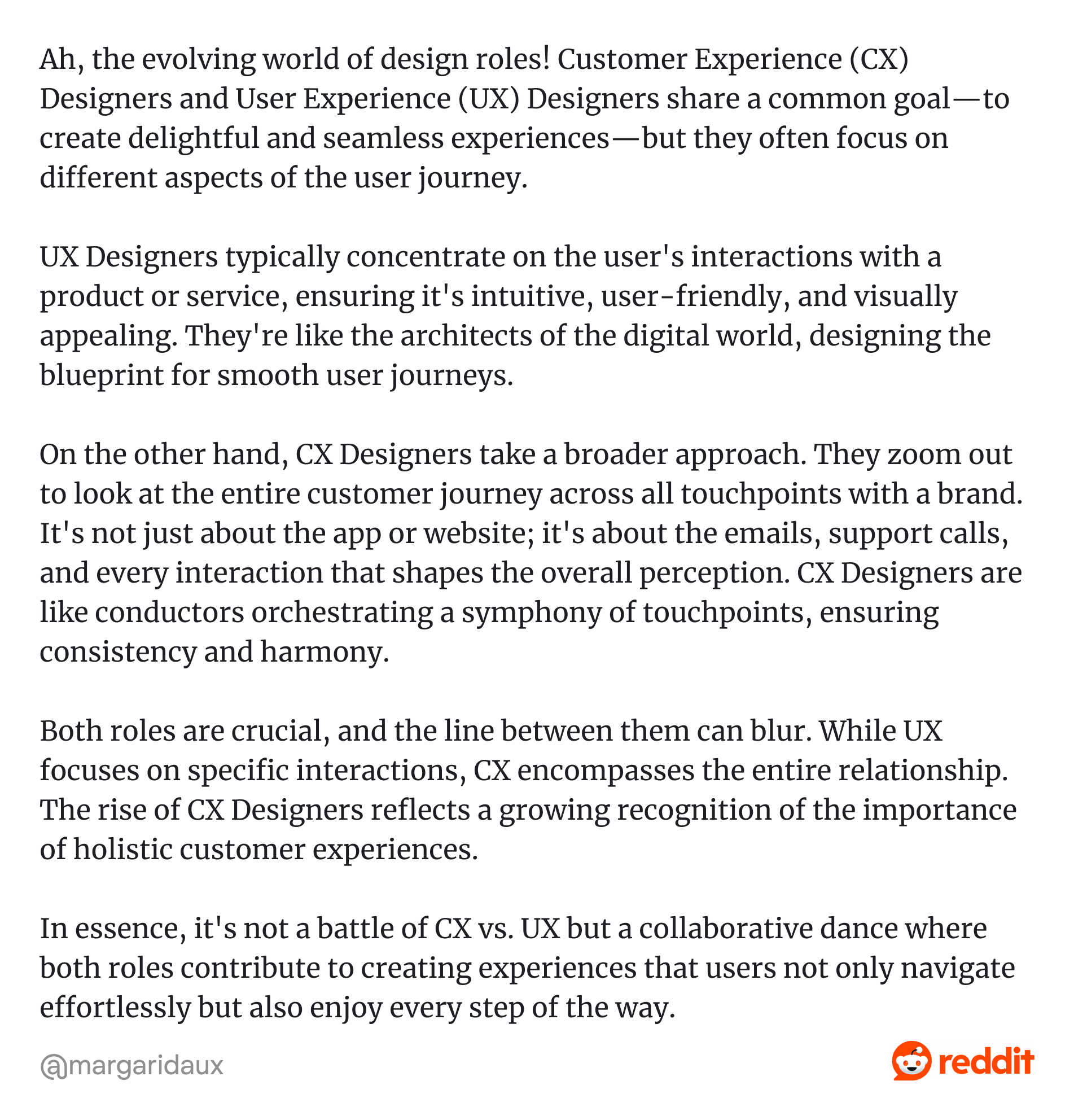 CX design vs. UX design Reddit discussion