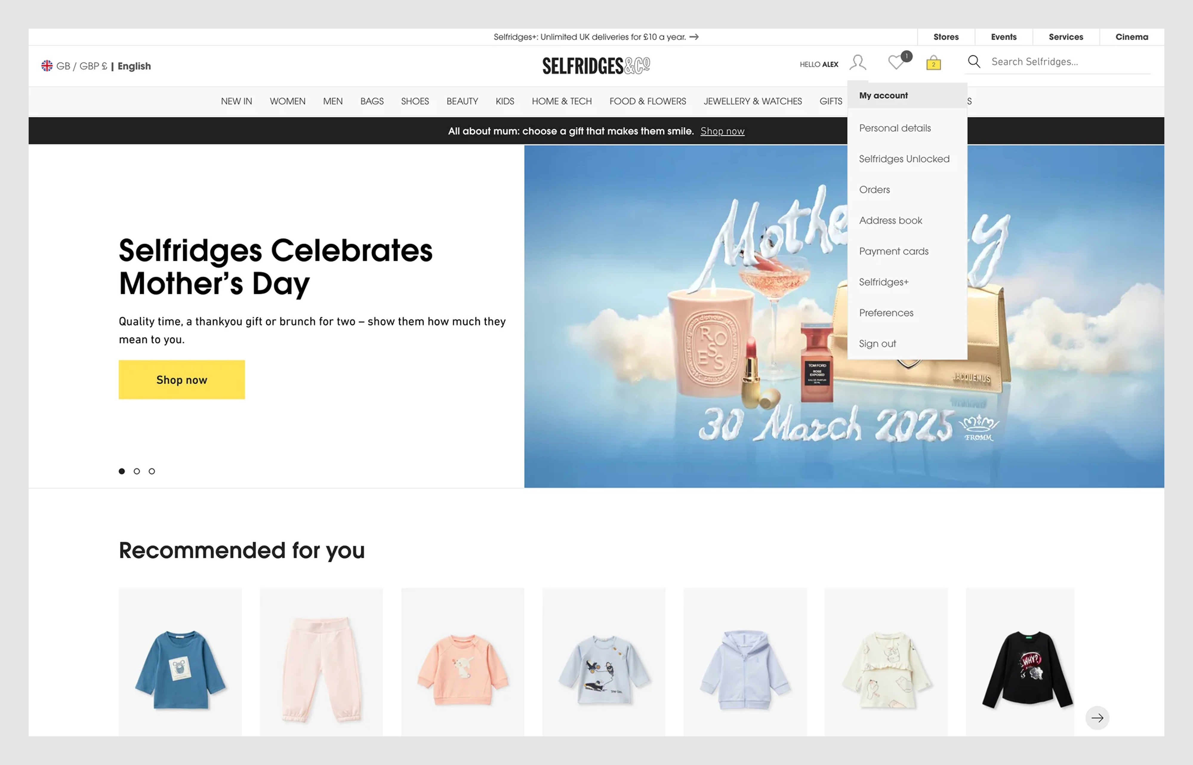 Selfridges dropdown example