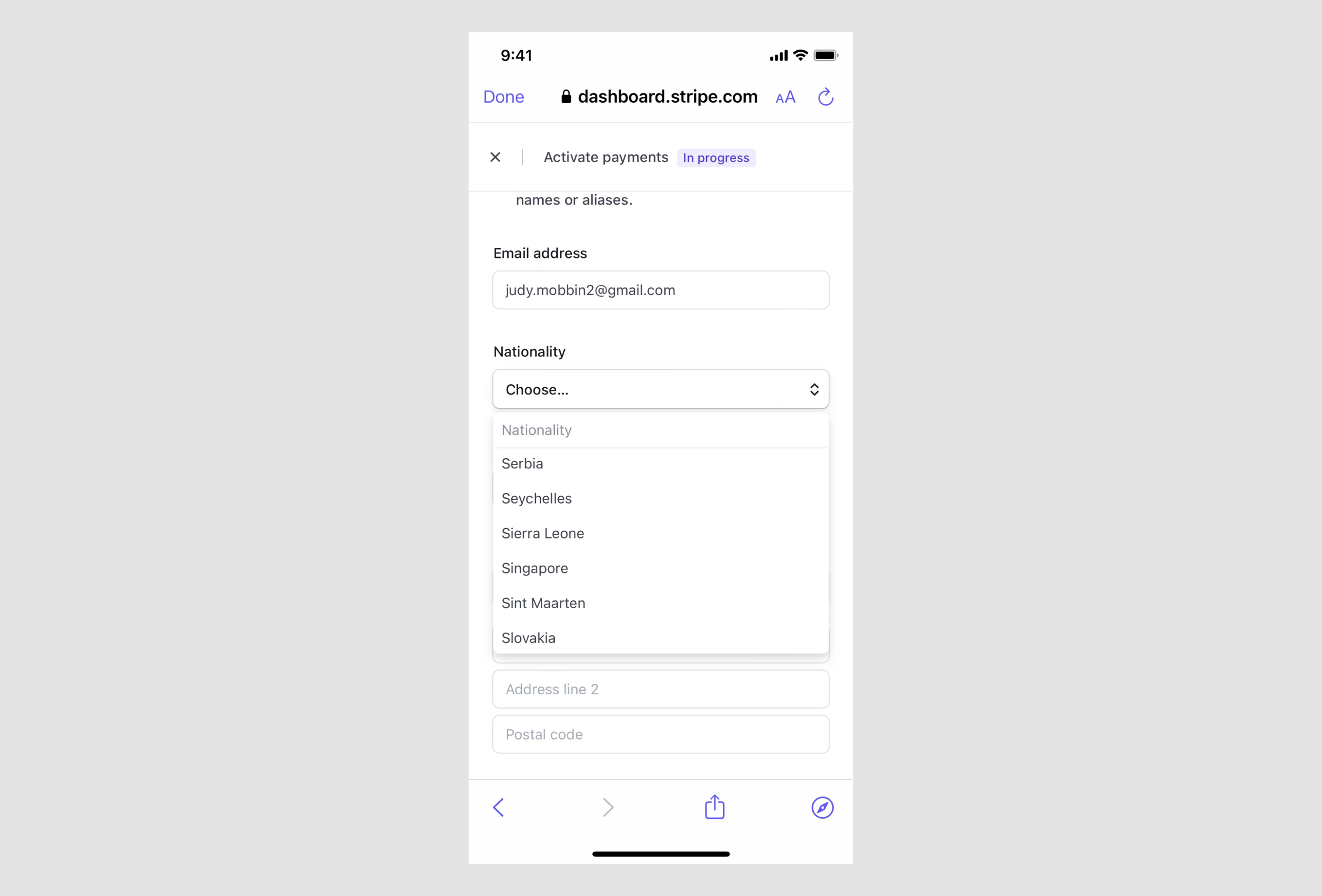 Stripe Dashboard (mobile view)