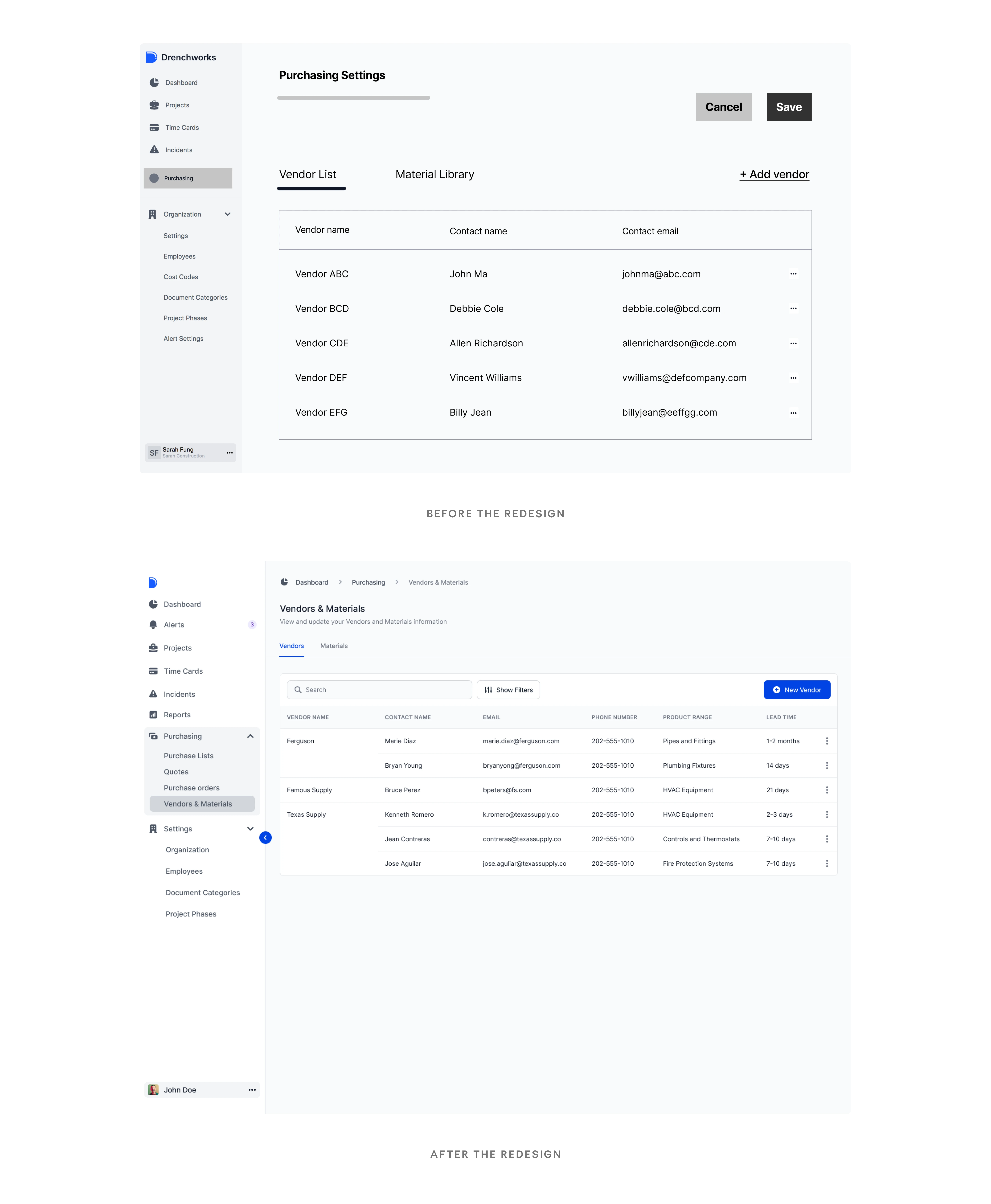 Purchasing Settings before and after redesign