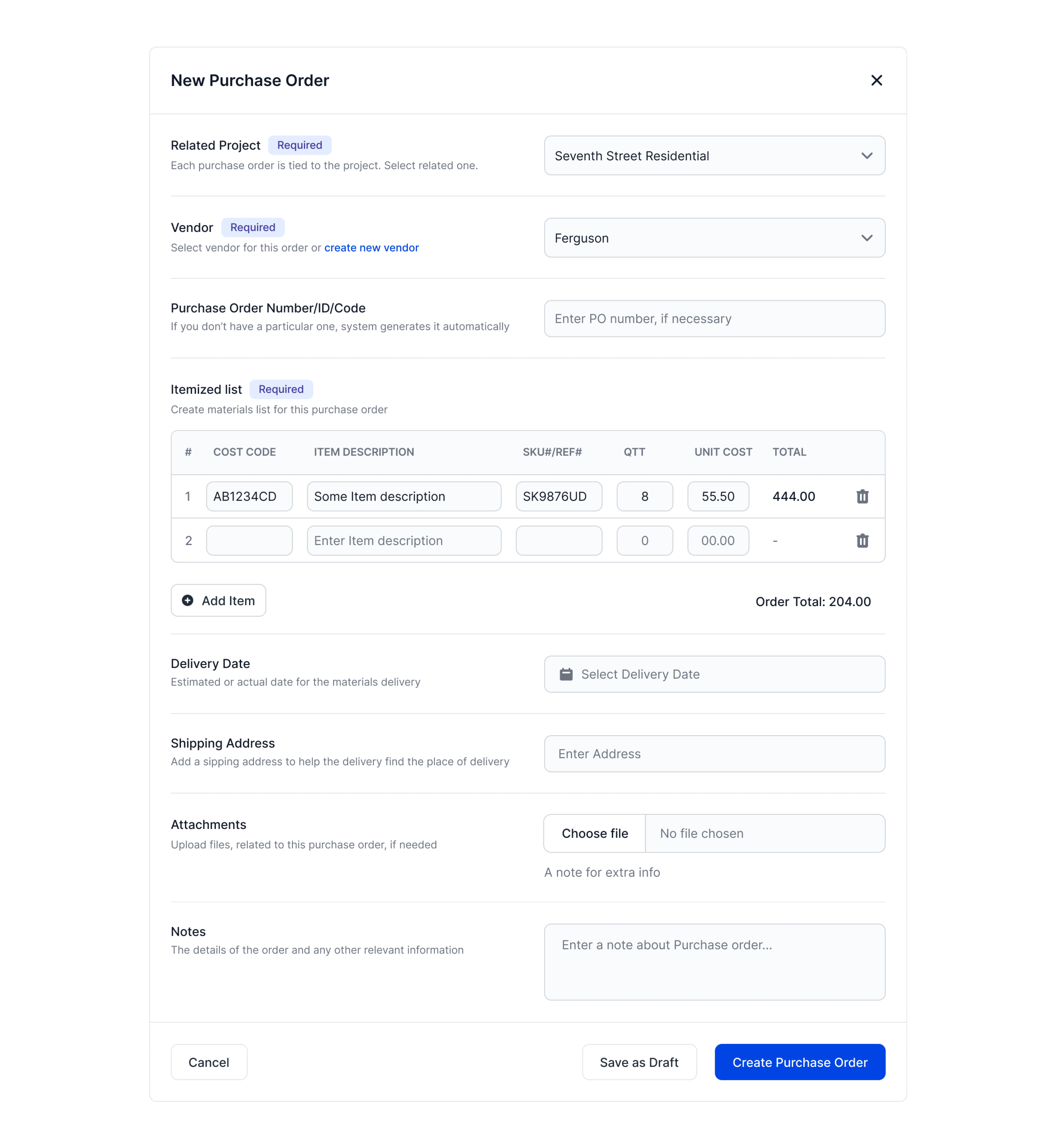 Modal with New Purchase Order