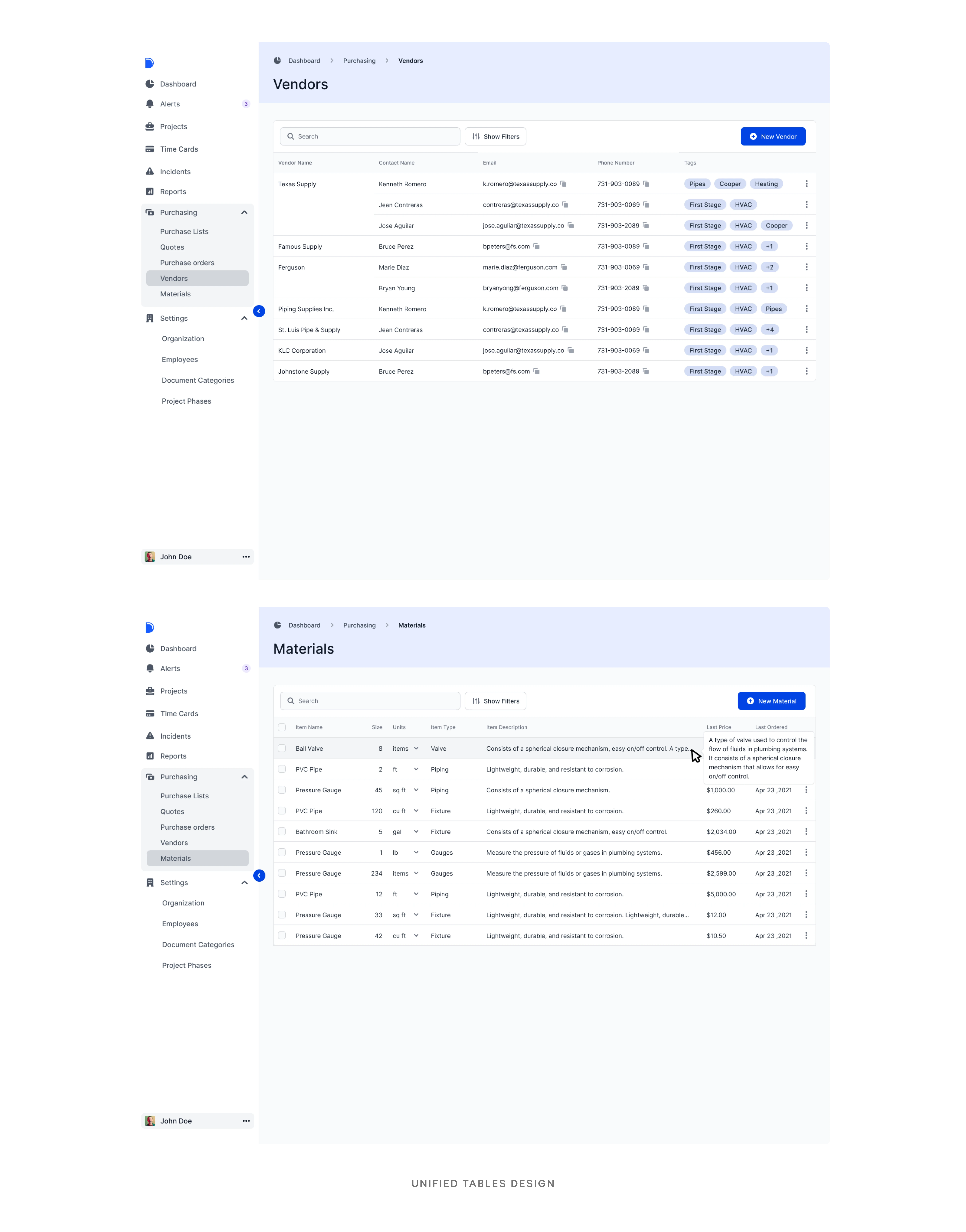 Unified tables design