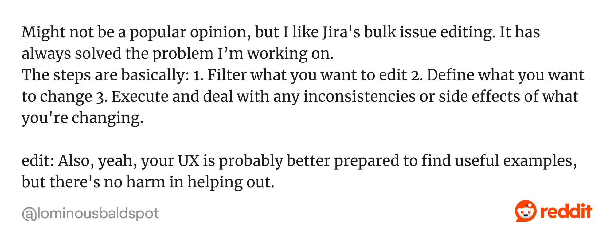 Reddit thread on Jira's bulk issue editing