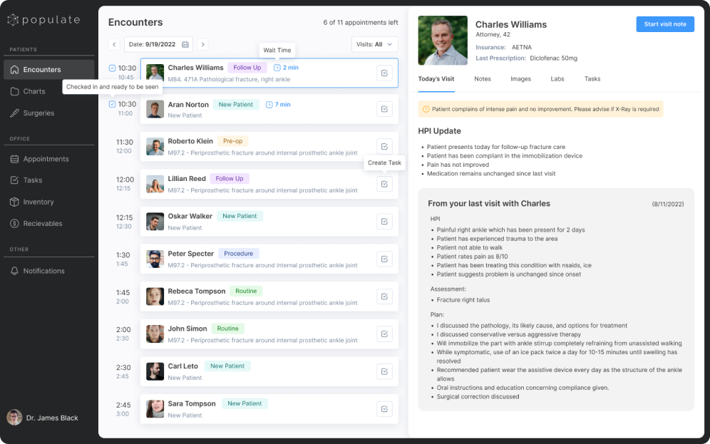 Upcoming appointments in a list and a patient's card