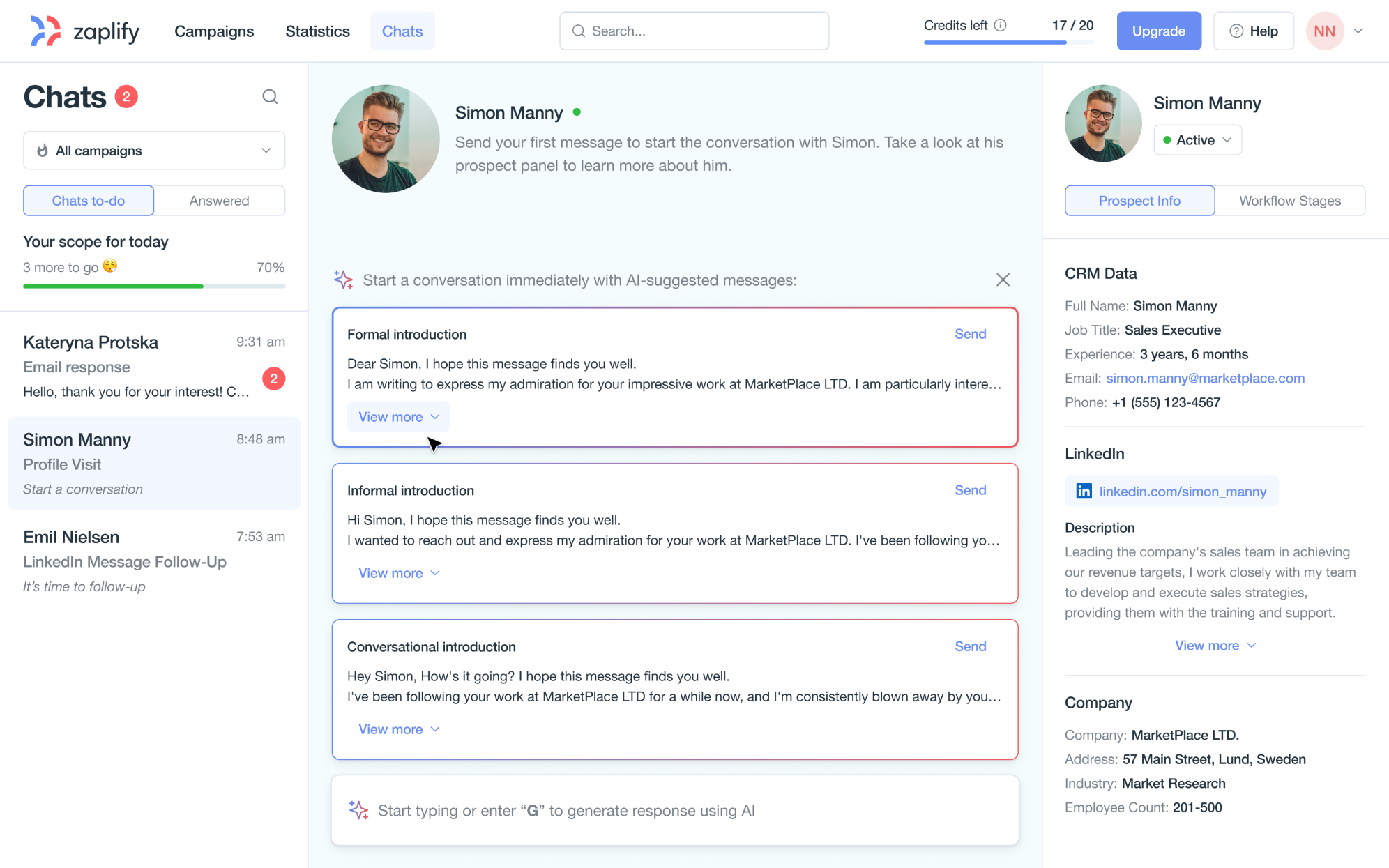 Zaplify's AI-suggested messages before redesign
