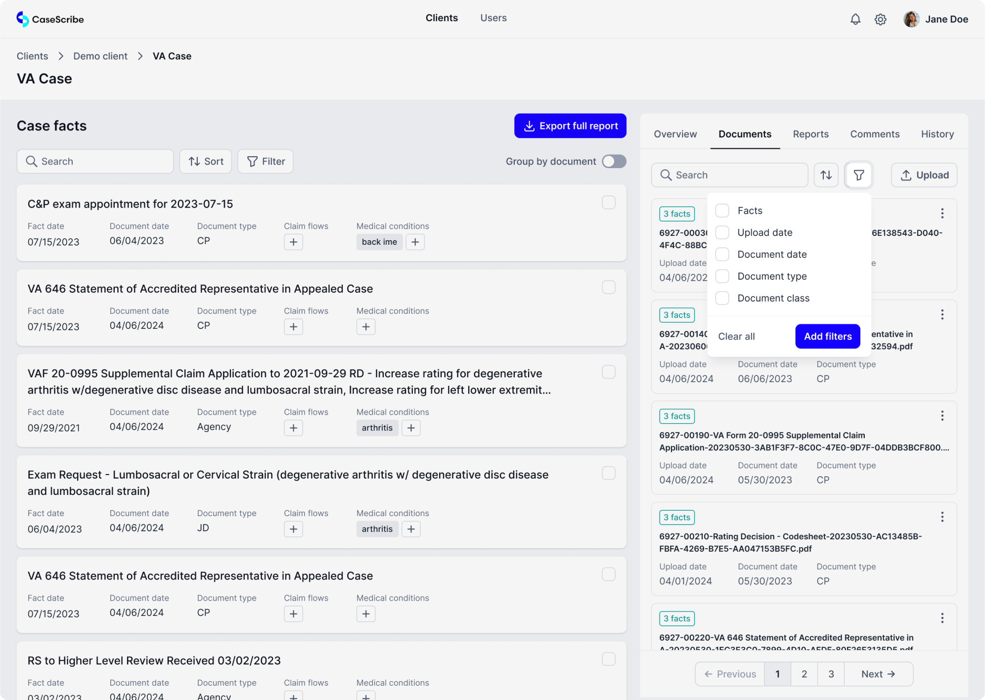 Sorting options CaseScribe
