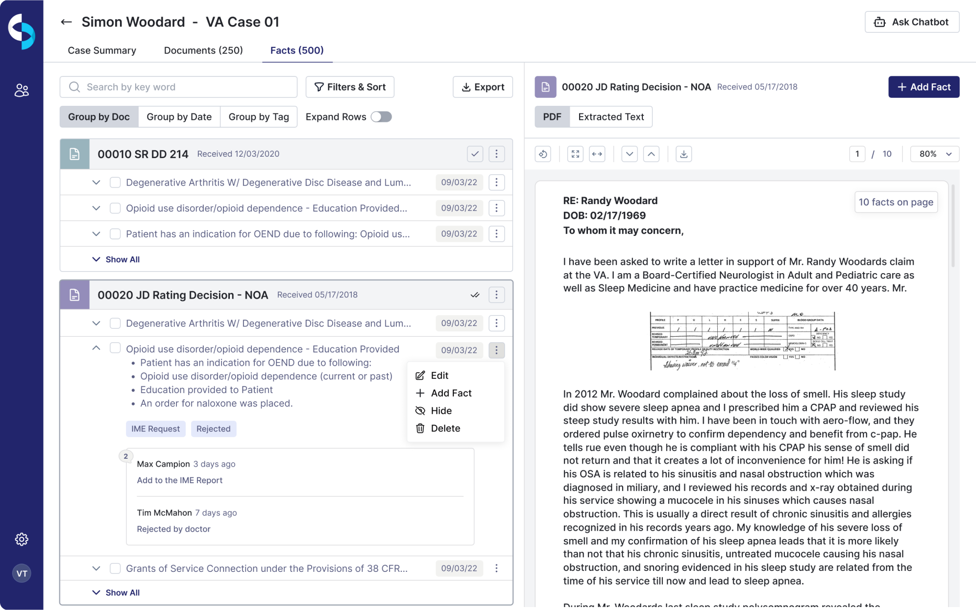 AI-extracted facts in CaseScribe