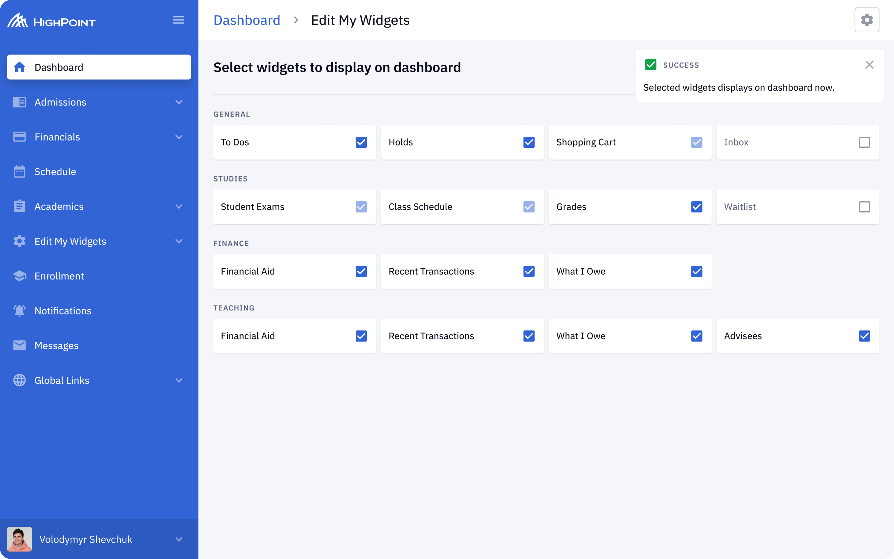 Customization options for widgets