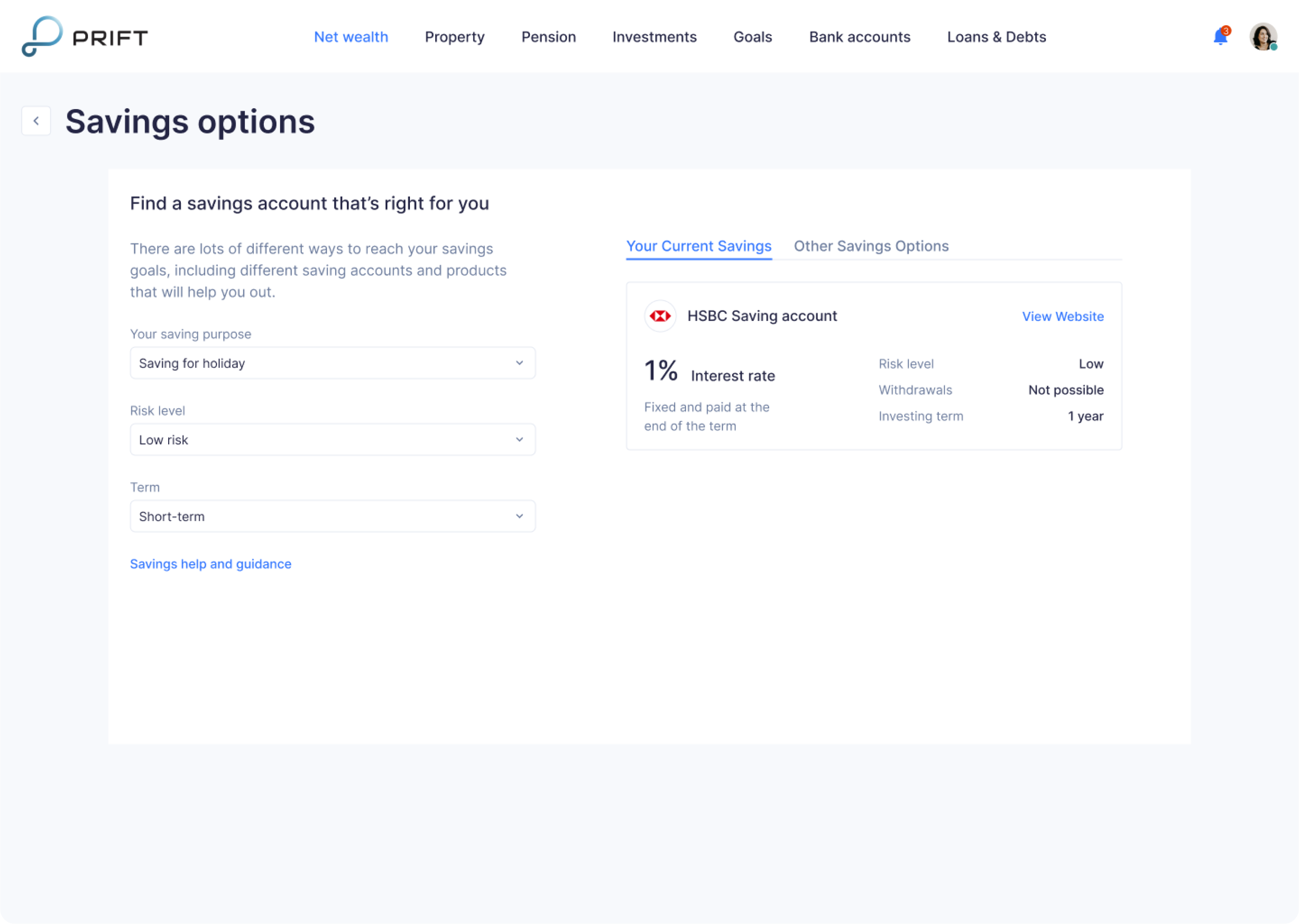 compare savings feature design for a financial app