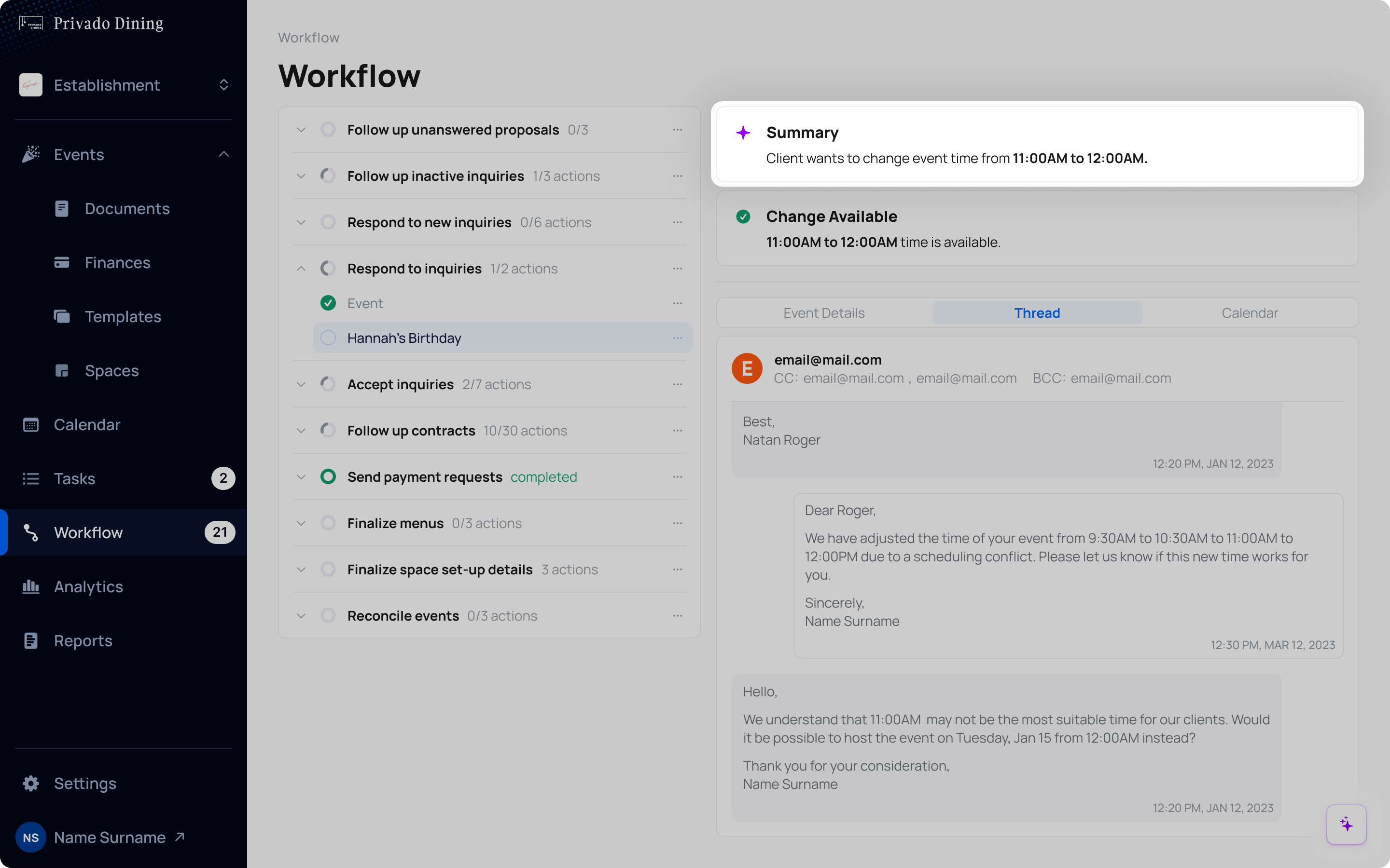 AI co-pilot UI/UX design example for event management platform