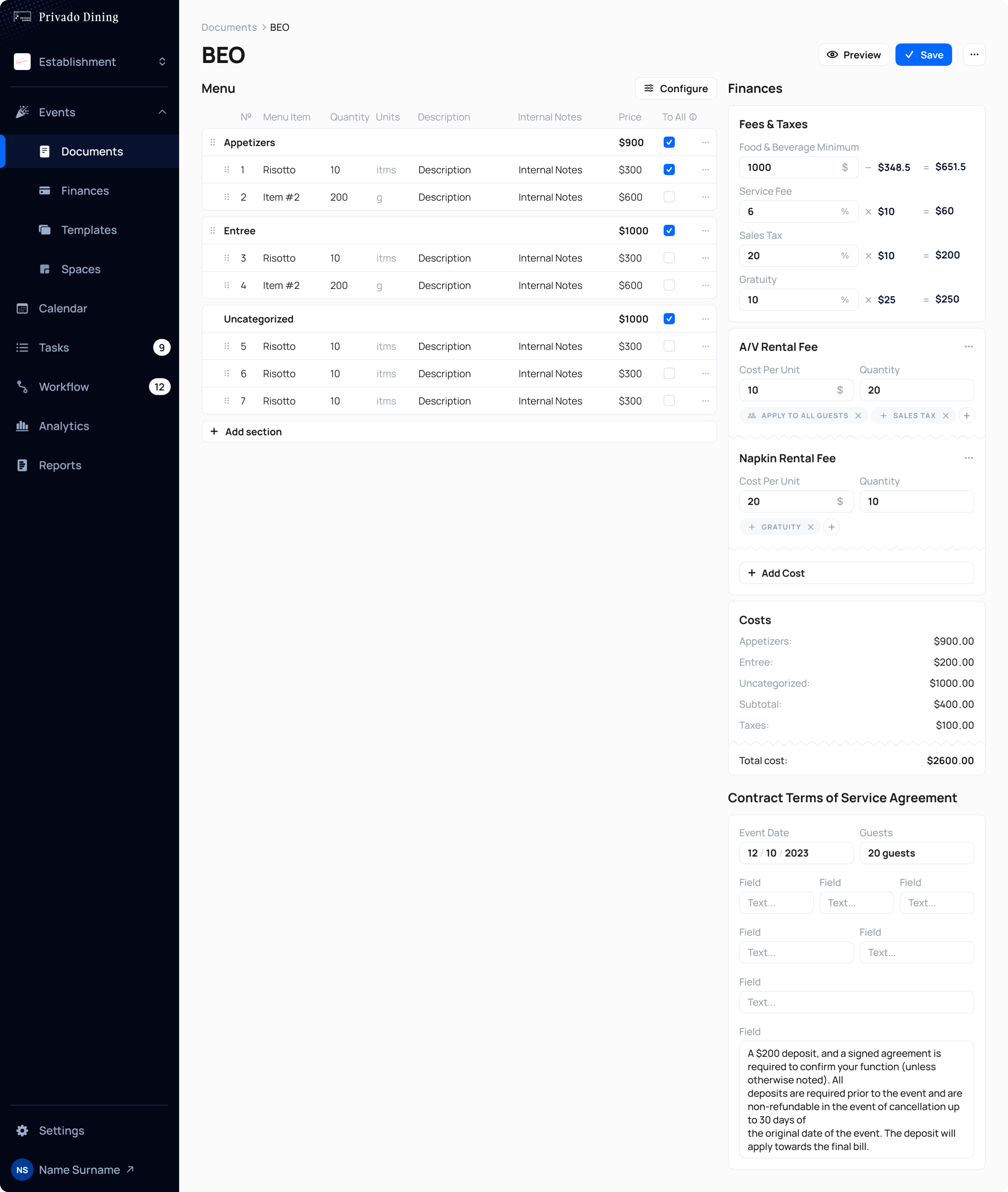 document management interface design example for an event management app