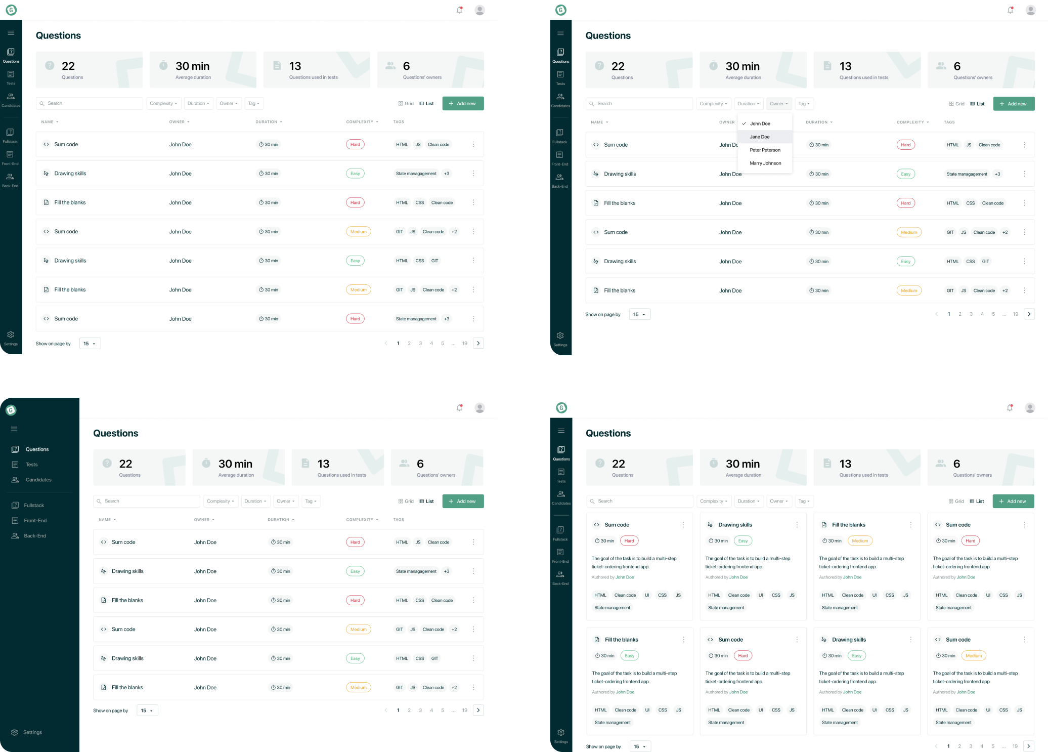 Variants of questions dashboards