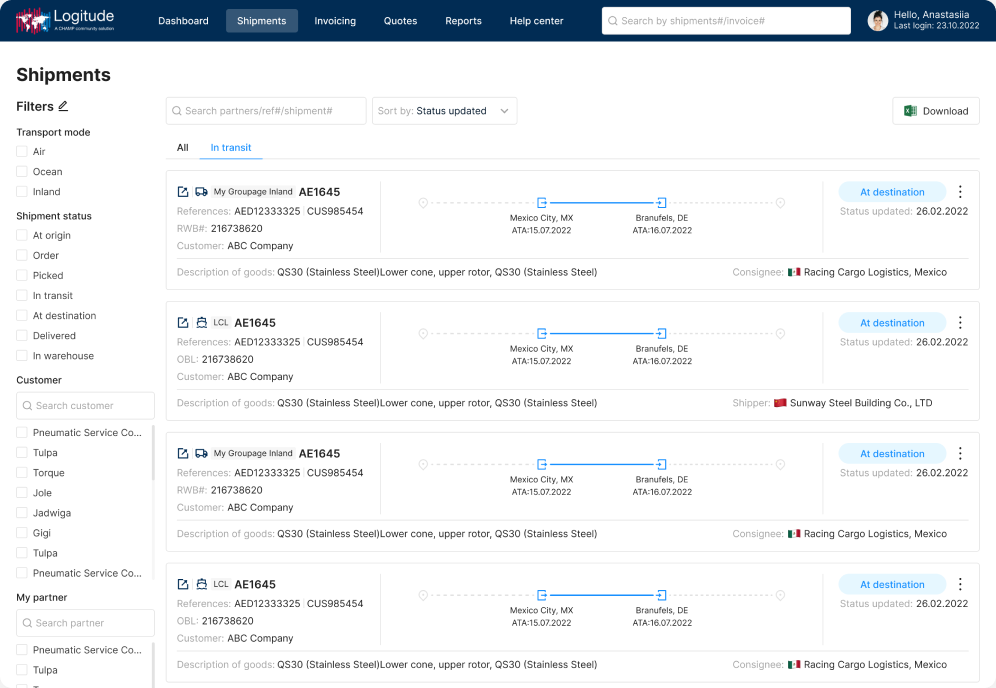 LogitudeWorld dashboard after