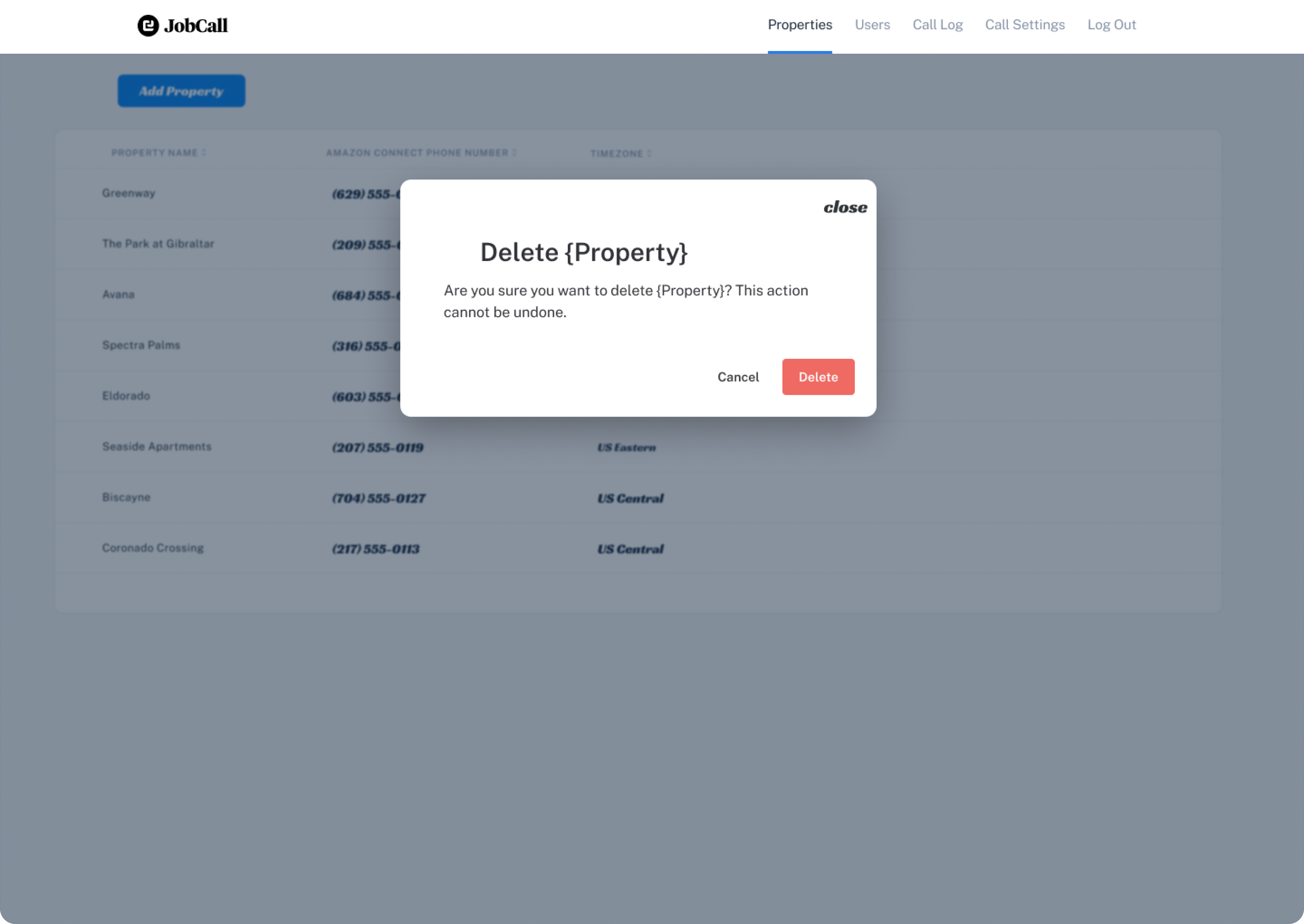 Bad UI example for a delete property modal window example