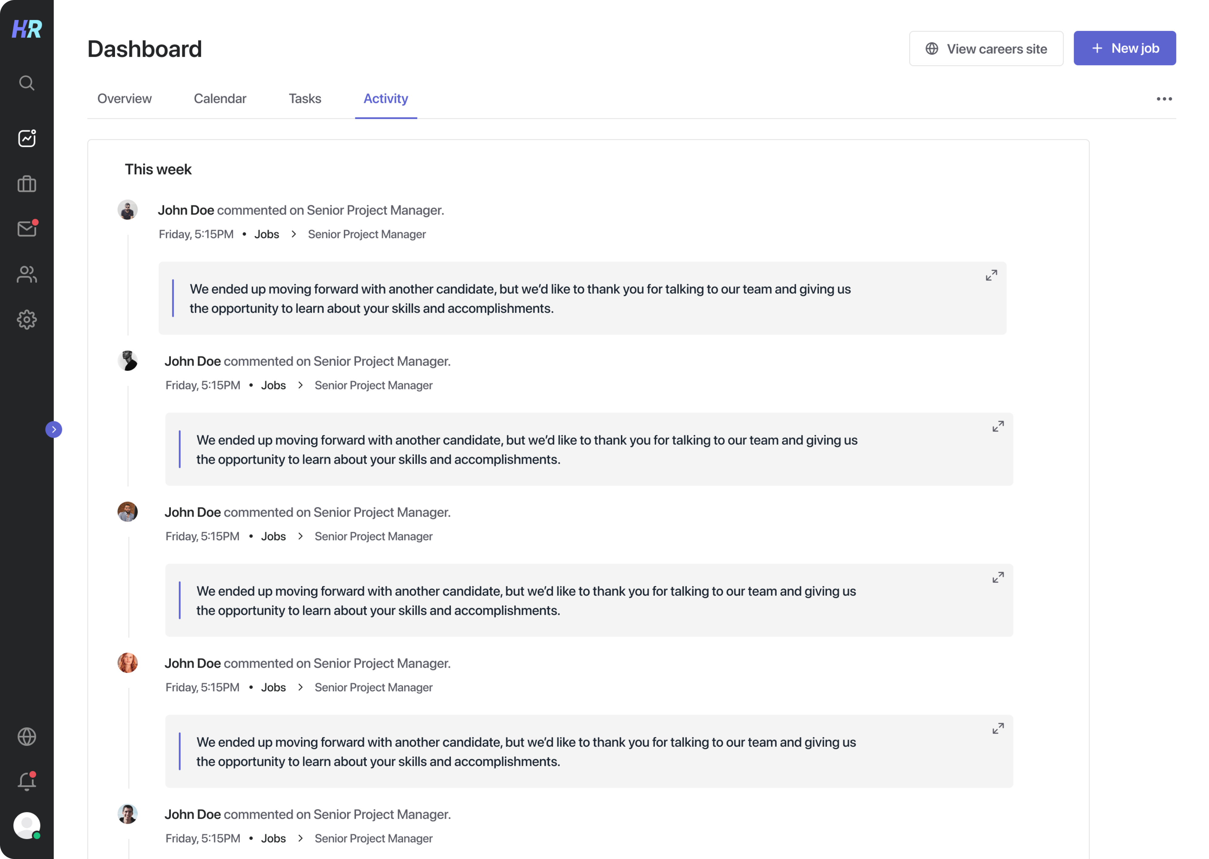 Activity section in the Hirerise platform