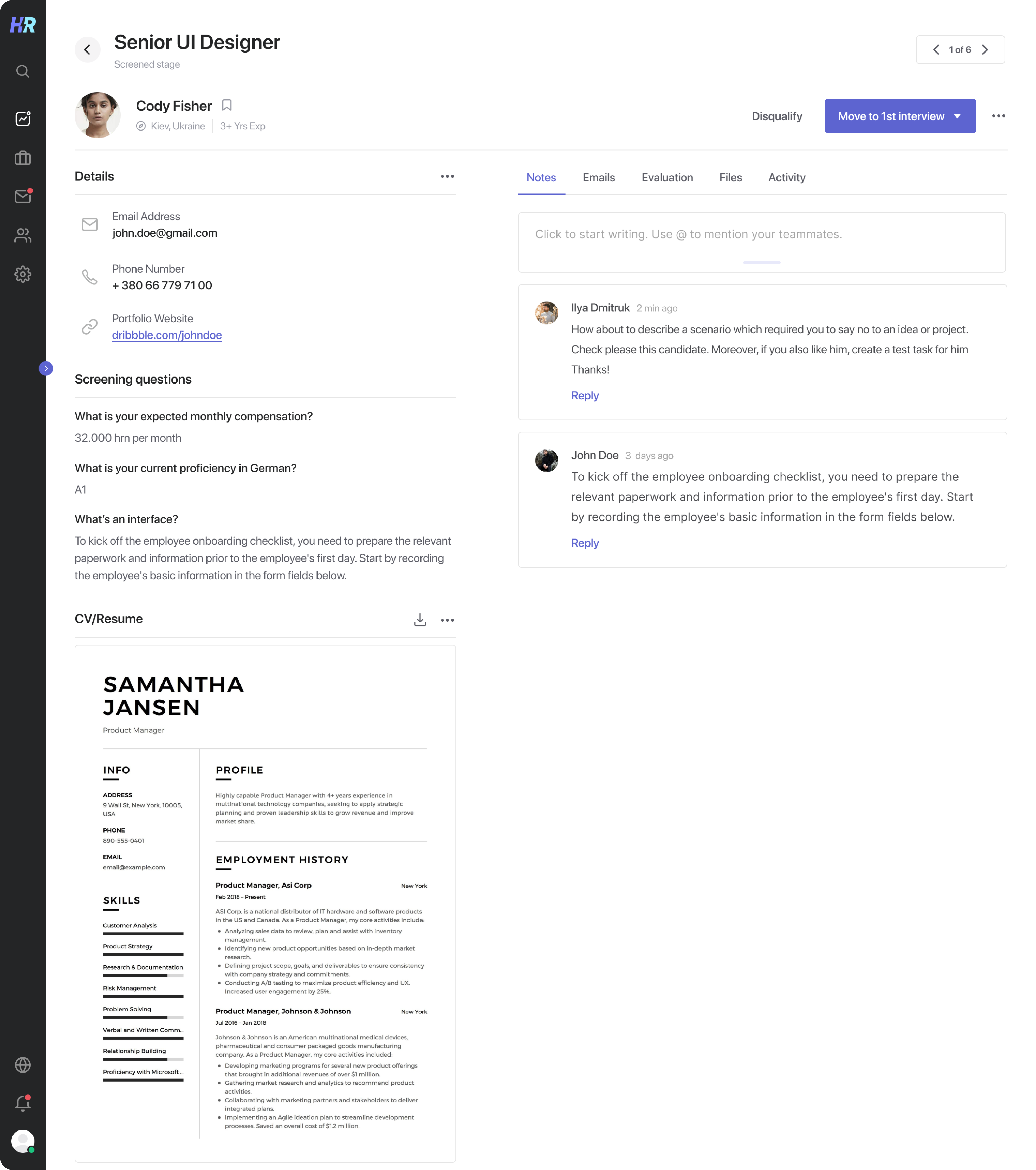 Candidate's info page design