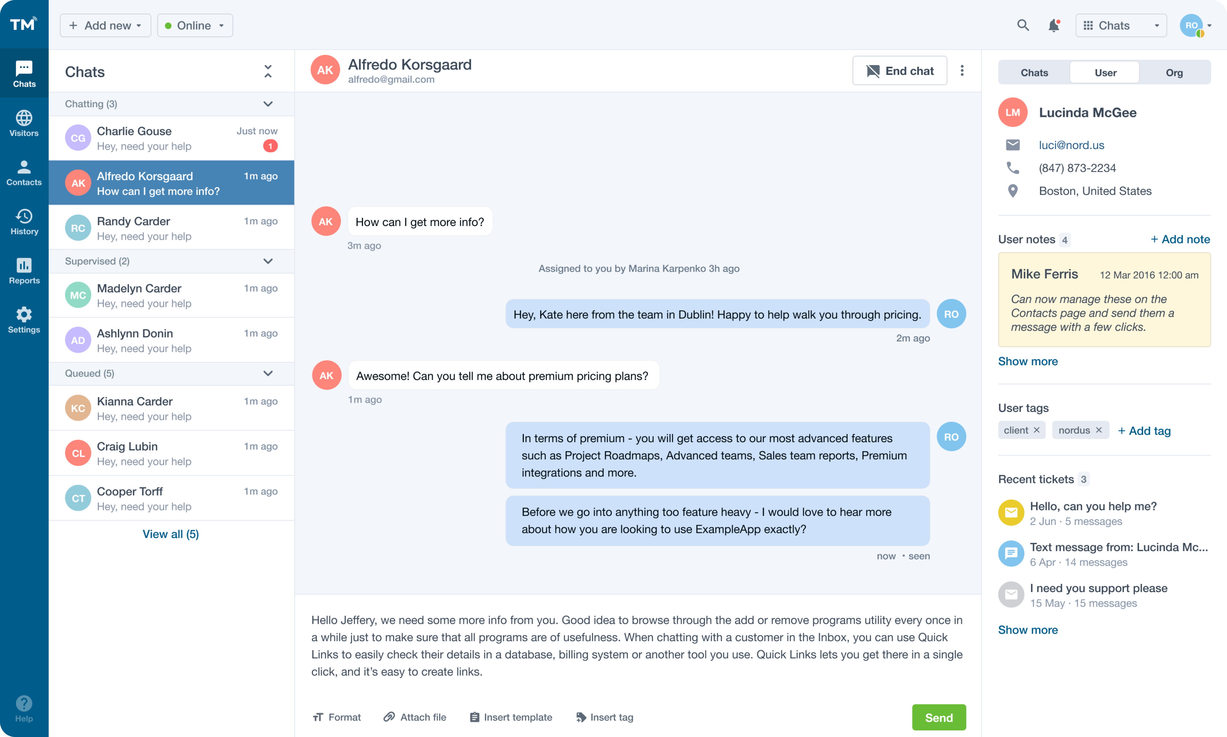 User interface for a support agent