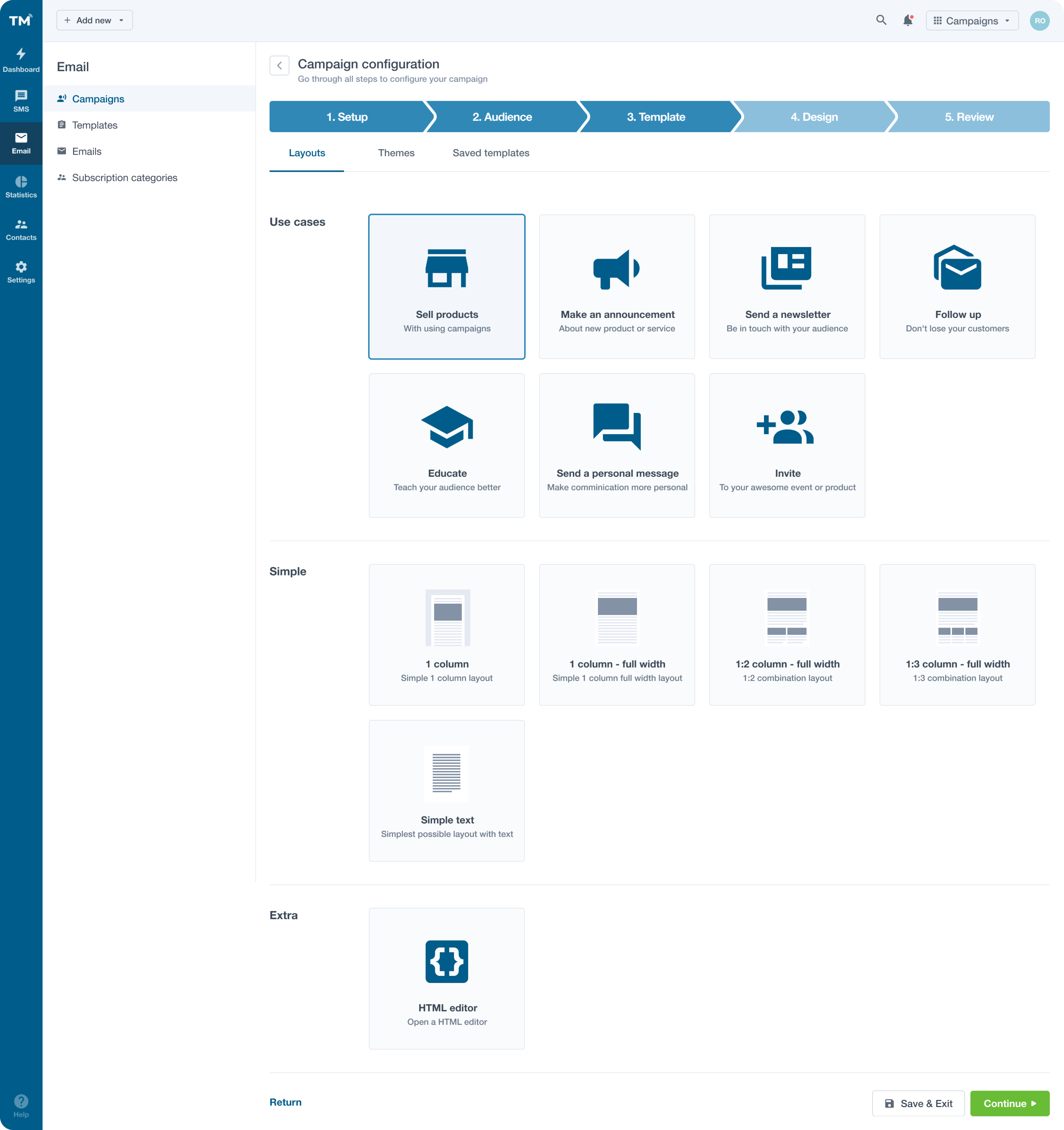Template section in campaign configuration flow