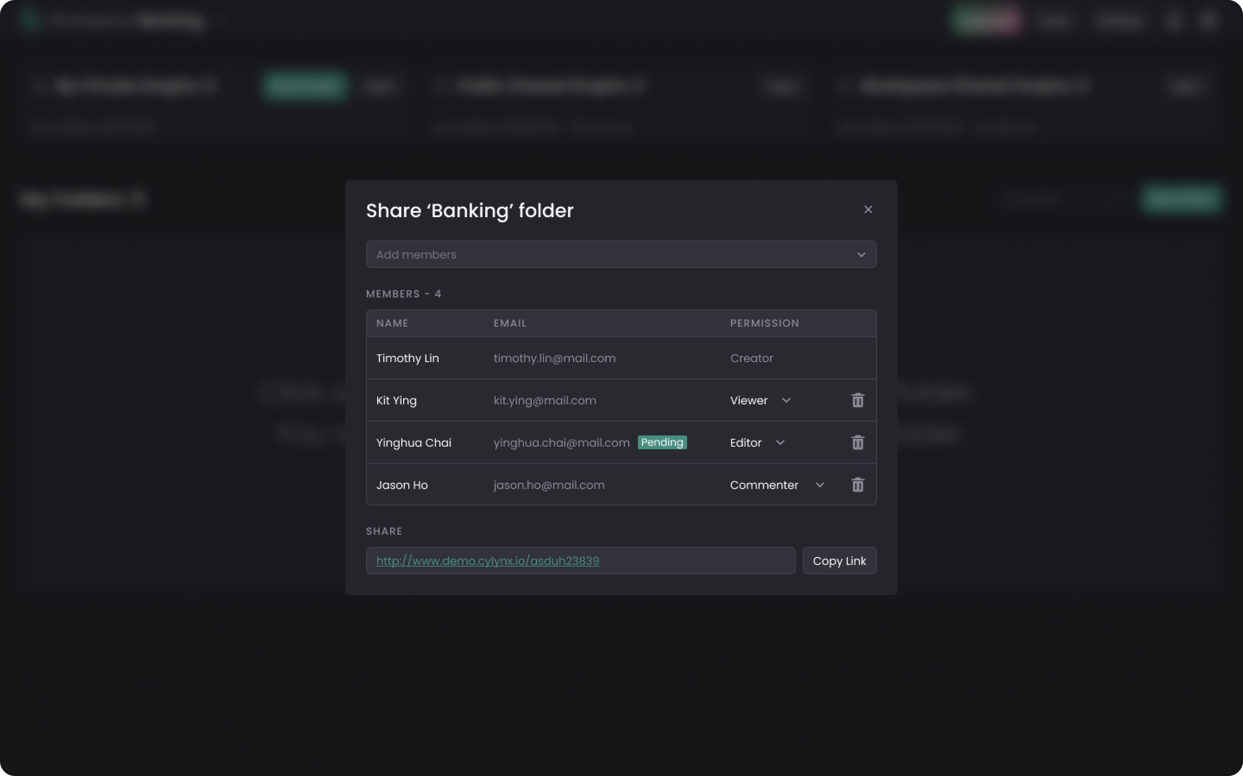 design example of a folder sharing functionality for SaaS platform