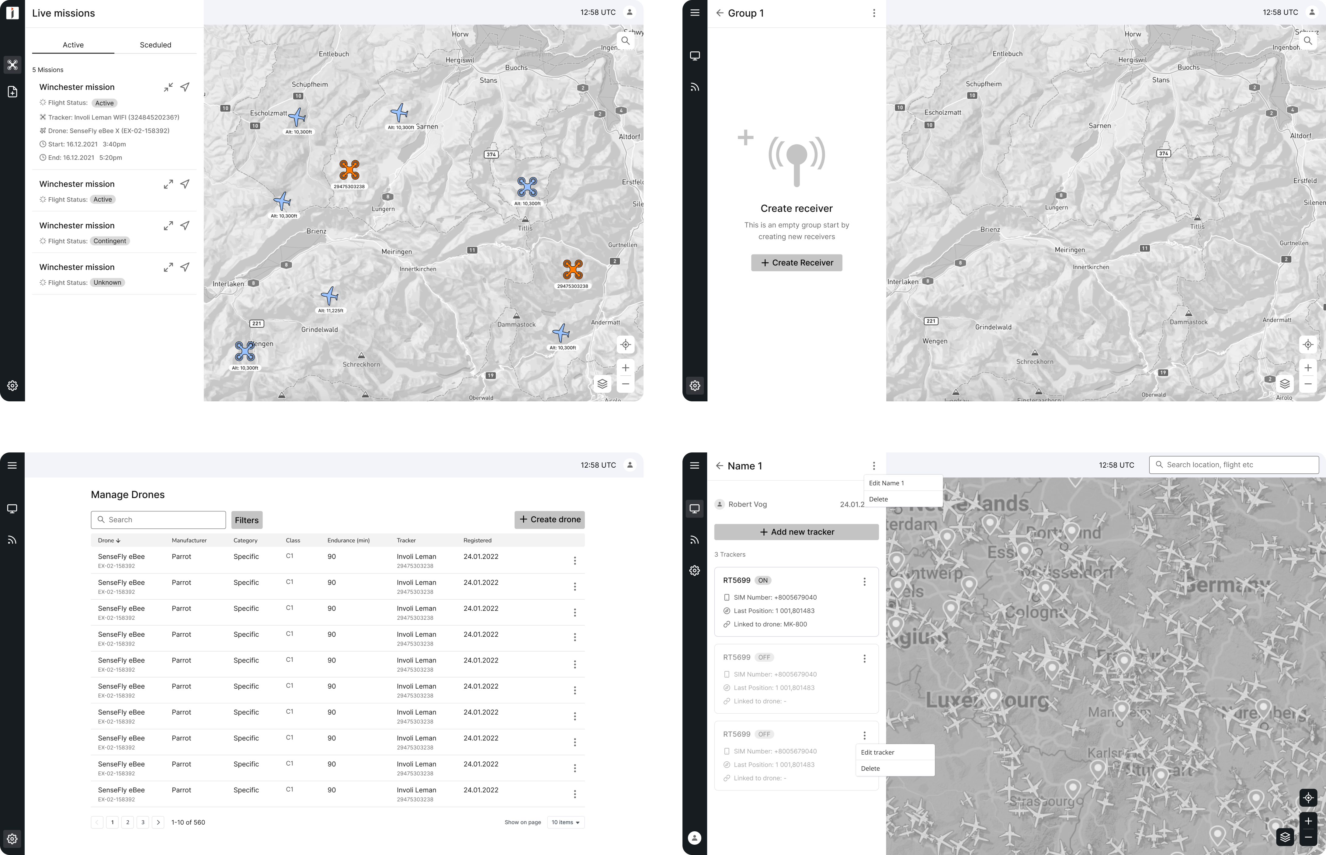 wireframes of map visualisation for a drone management software 