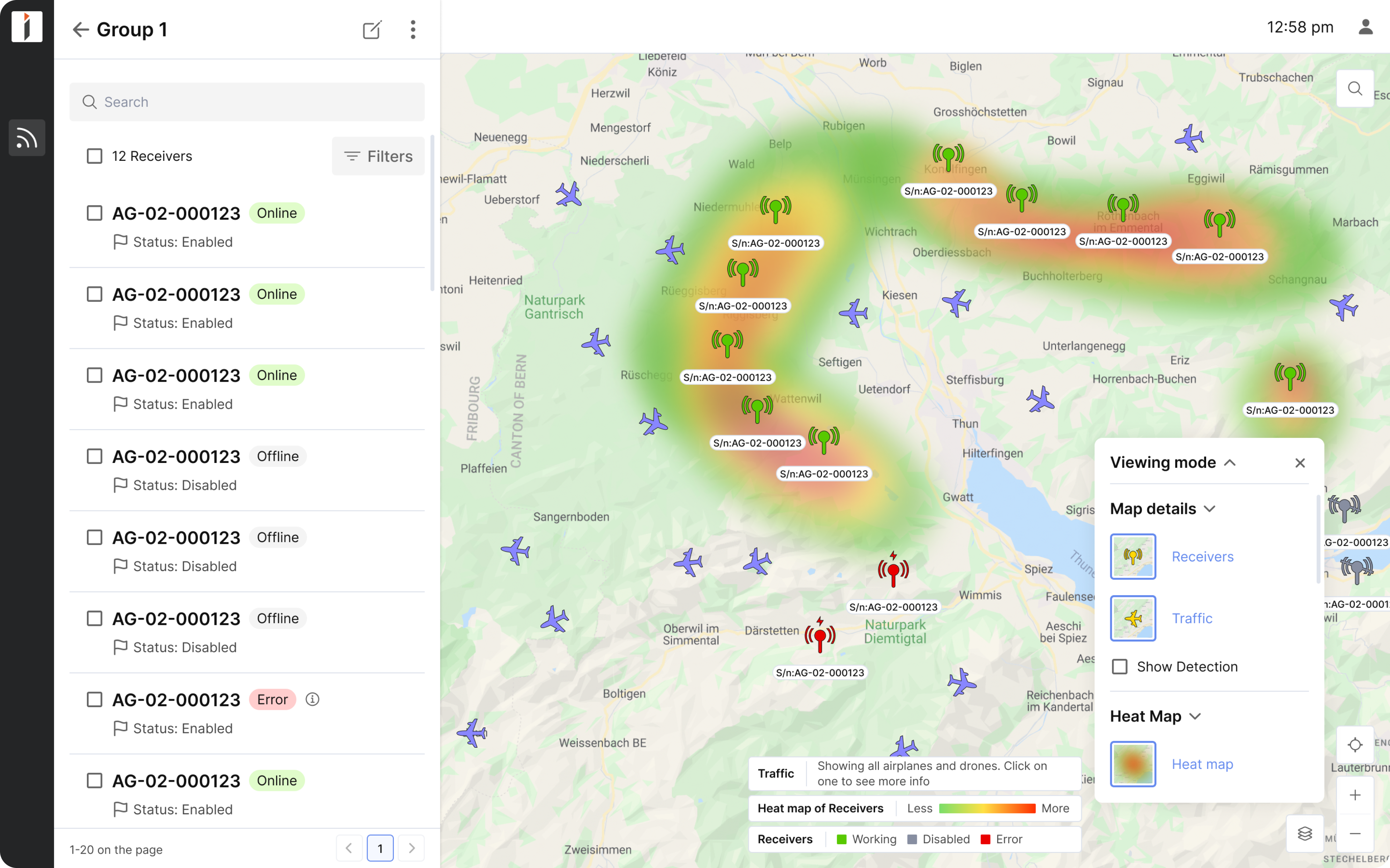 flight tracking data visualisation design example with a heat map 