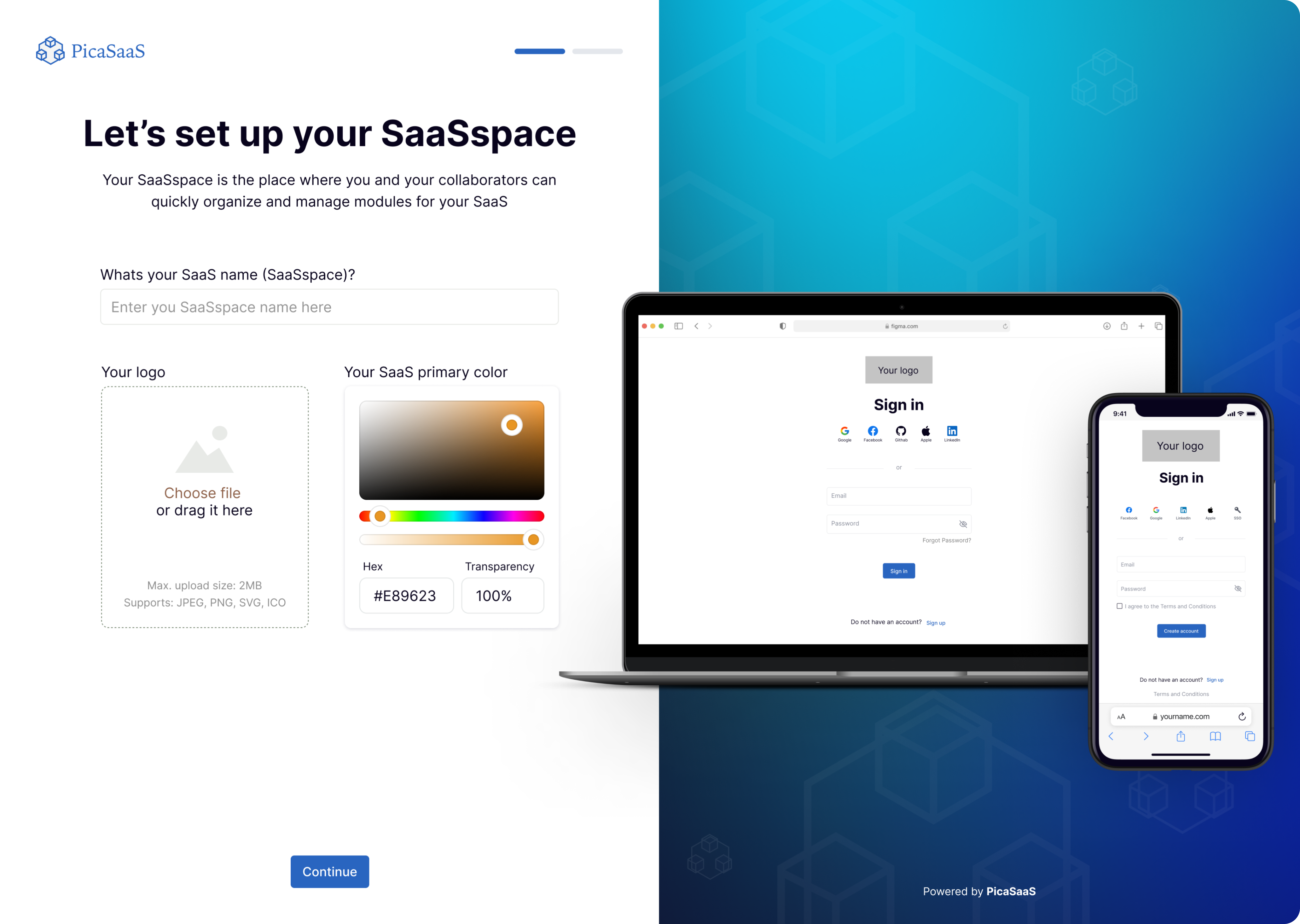 user onboarding screen design for a low-code SaaS builder 