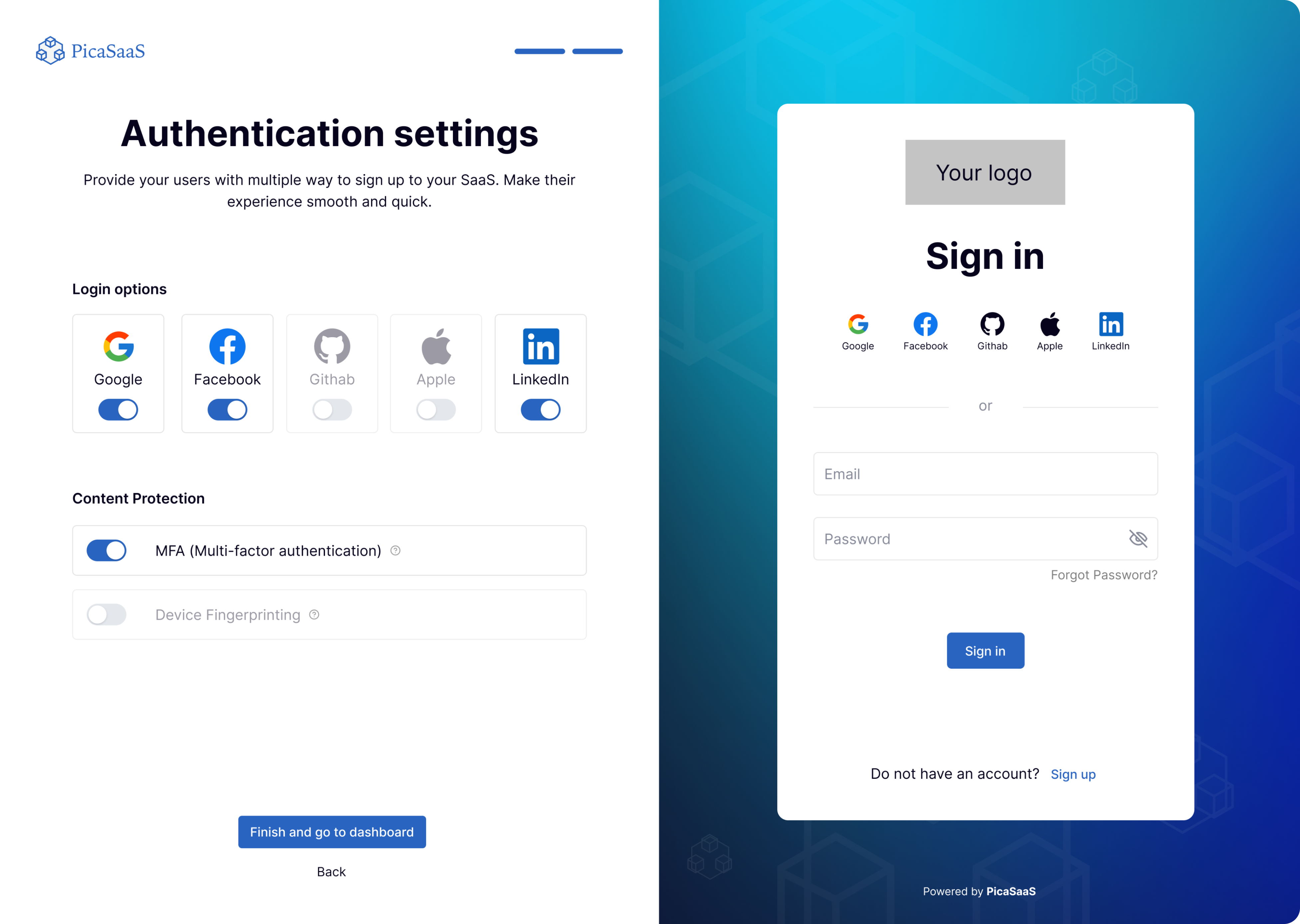 authentication settings UI and UX design example for a SaaS no code app