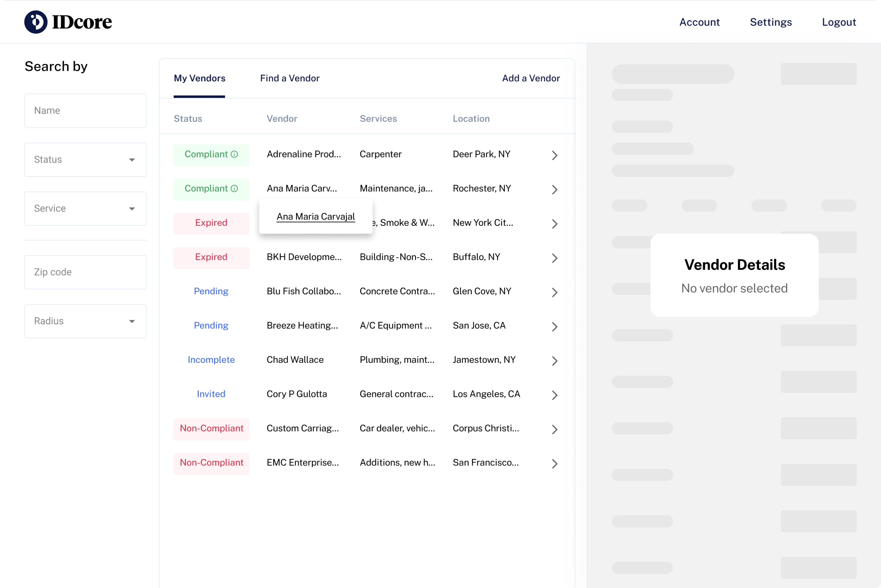 IDCore redesigned the vendors' list