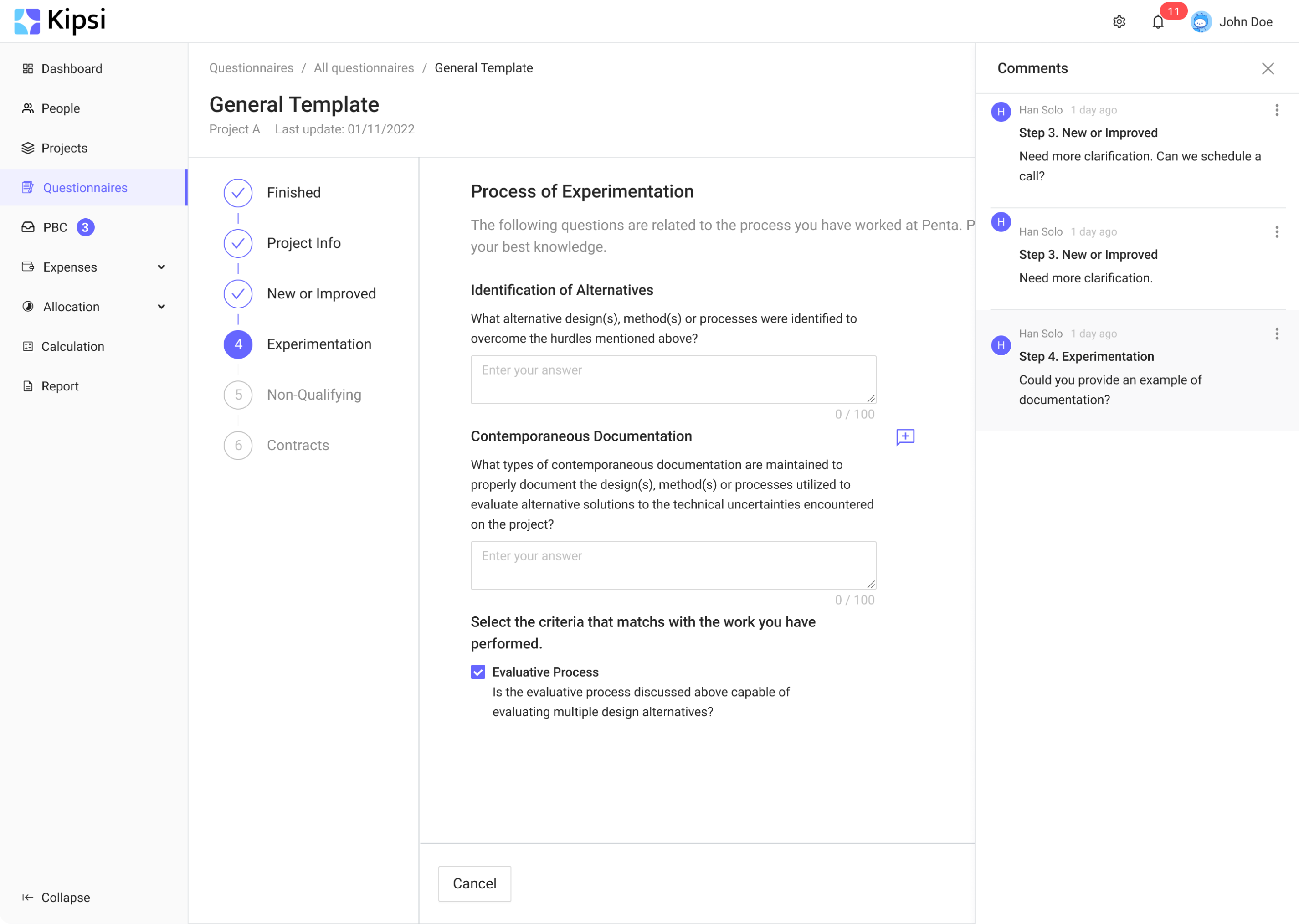 Questionnaire section after the redesign