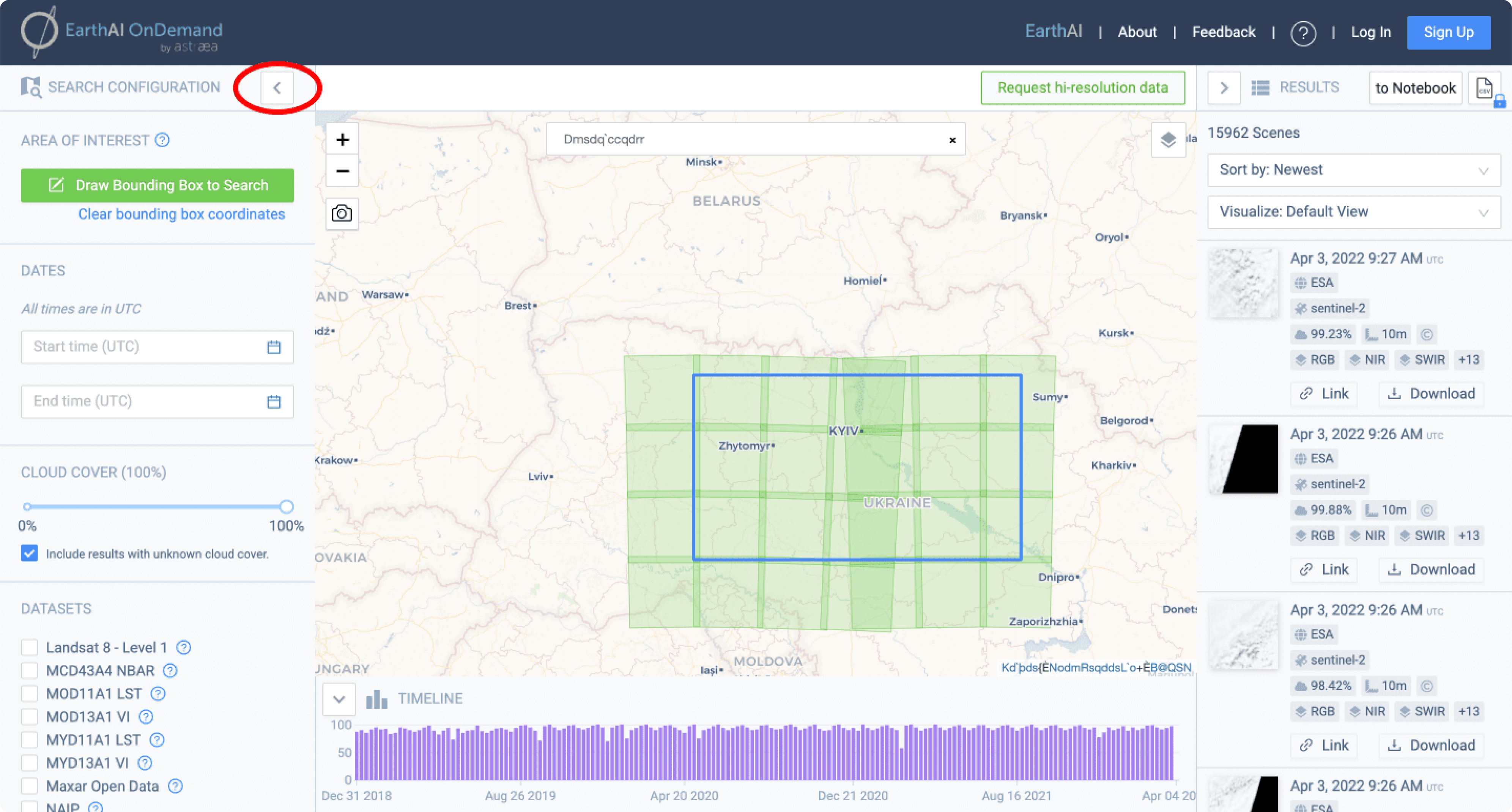 map UI design example for a geoservice platform that analyse satelite data