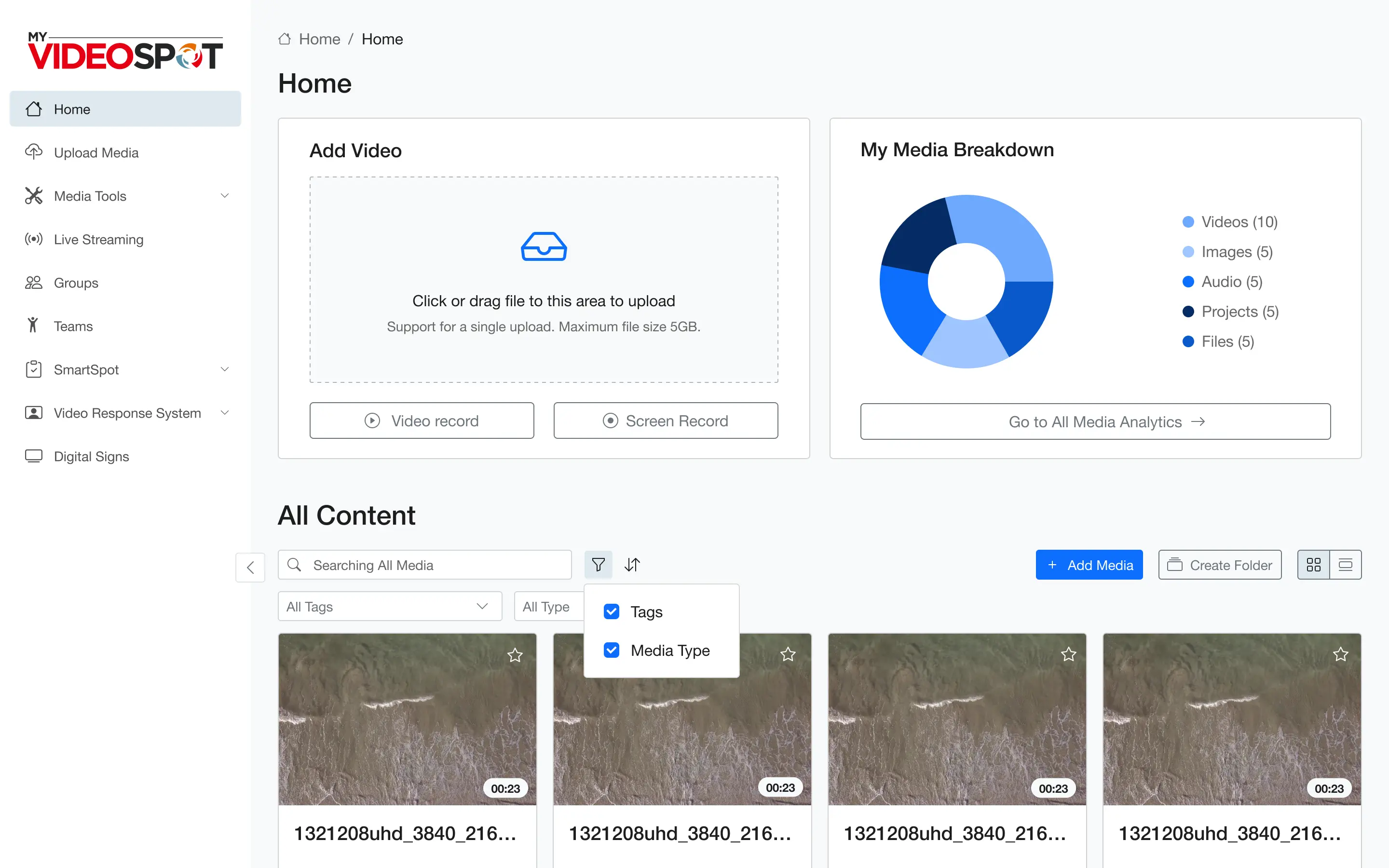Media filters in My Video Spot
